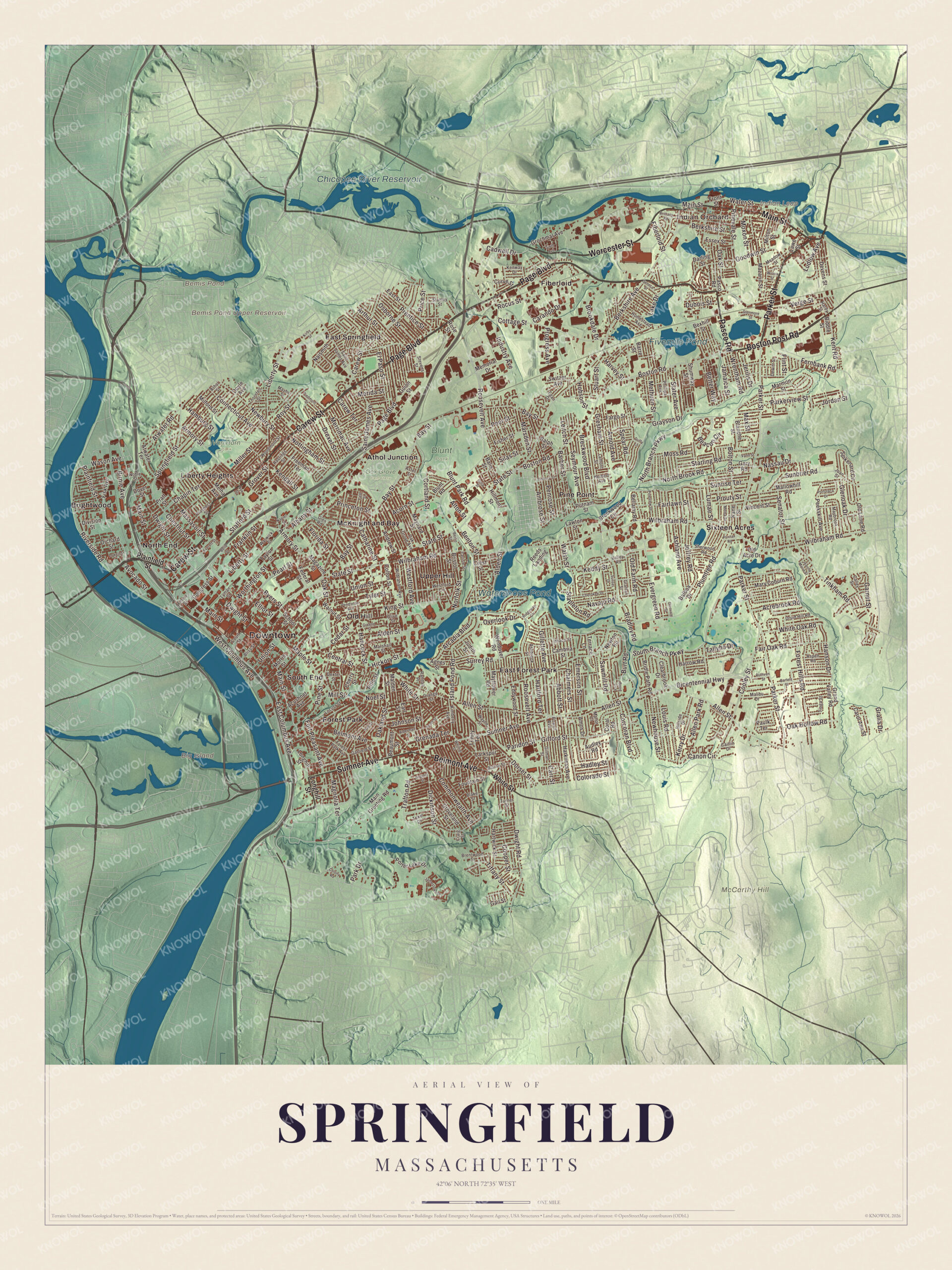 Protected watermarked complete map of Springfield, Massachusetts