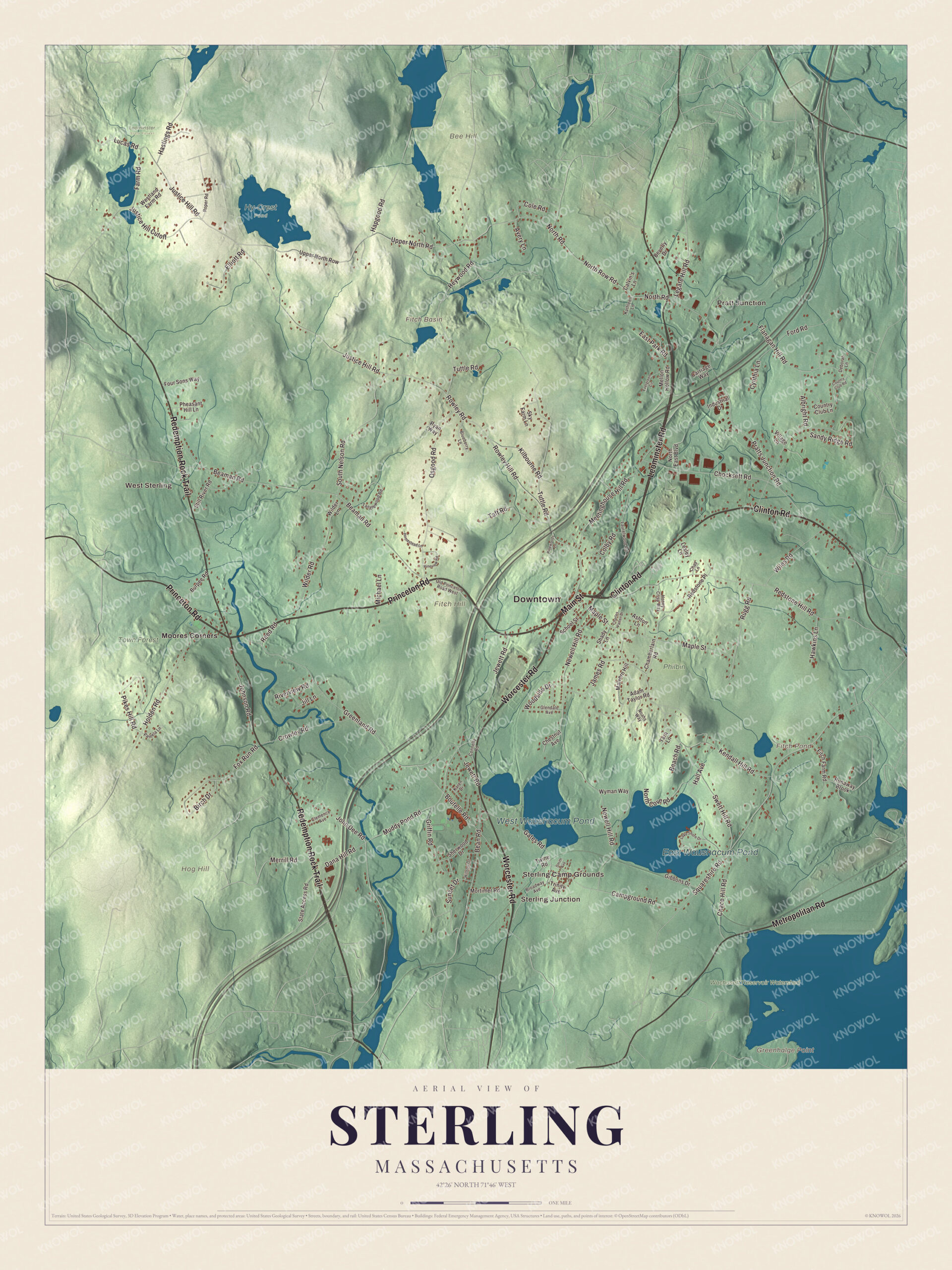 Protected watermarked complete map of Sterling, Massachusetts