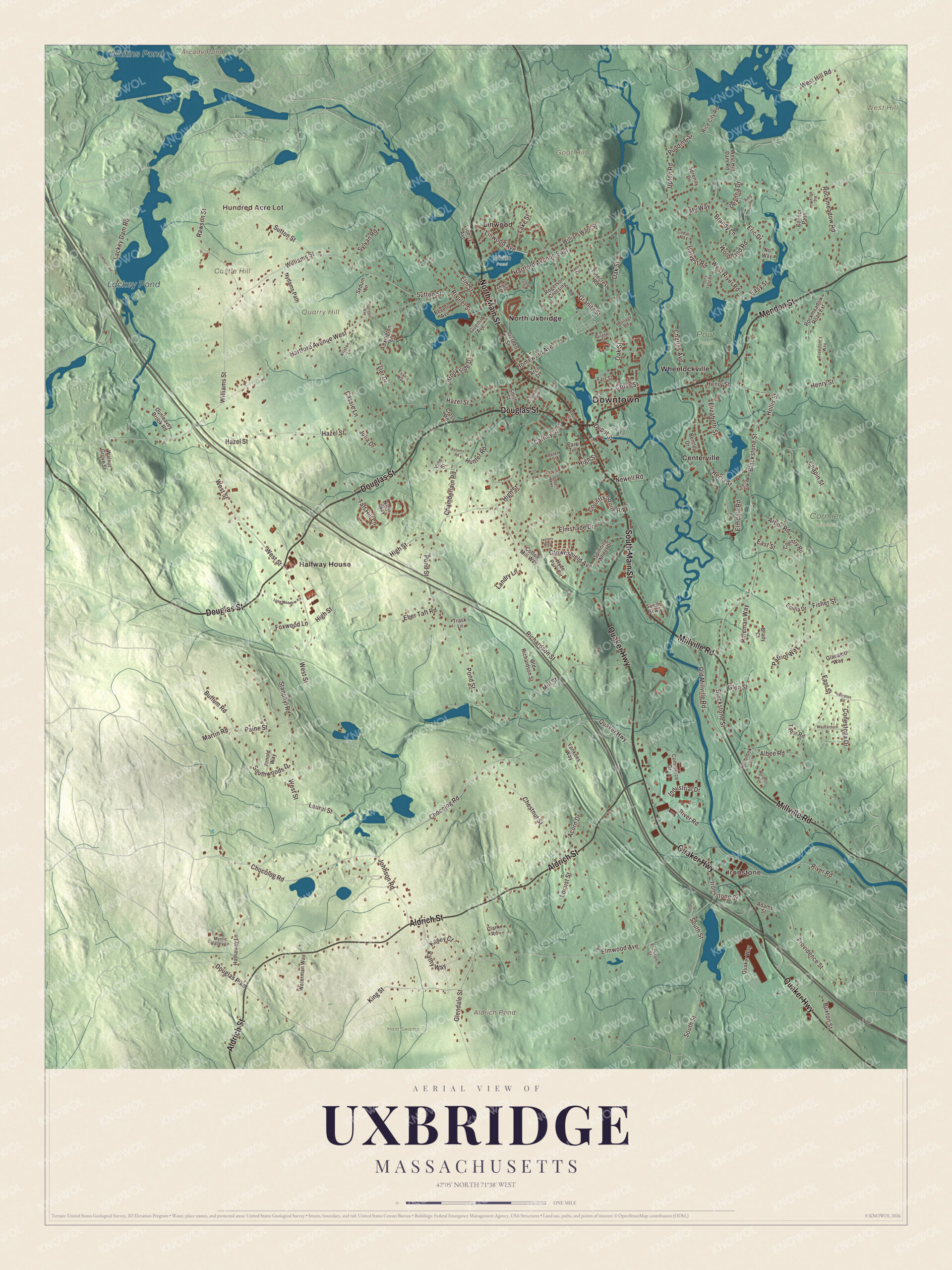 Protected watermarked complete map of Uxbridge, Massachusetts