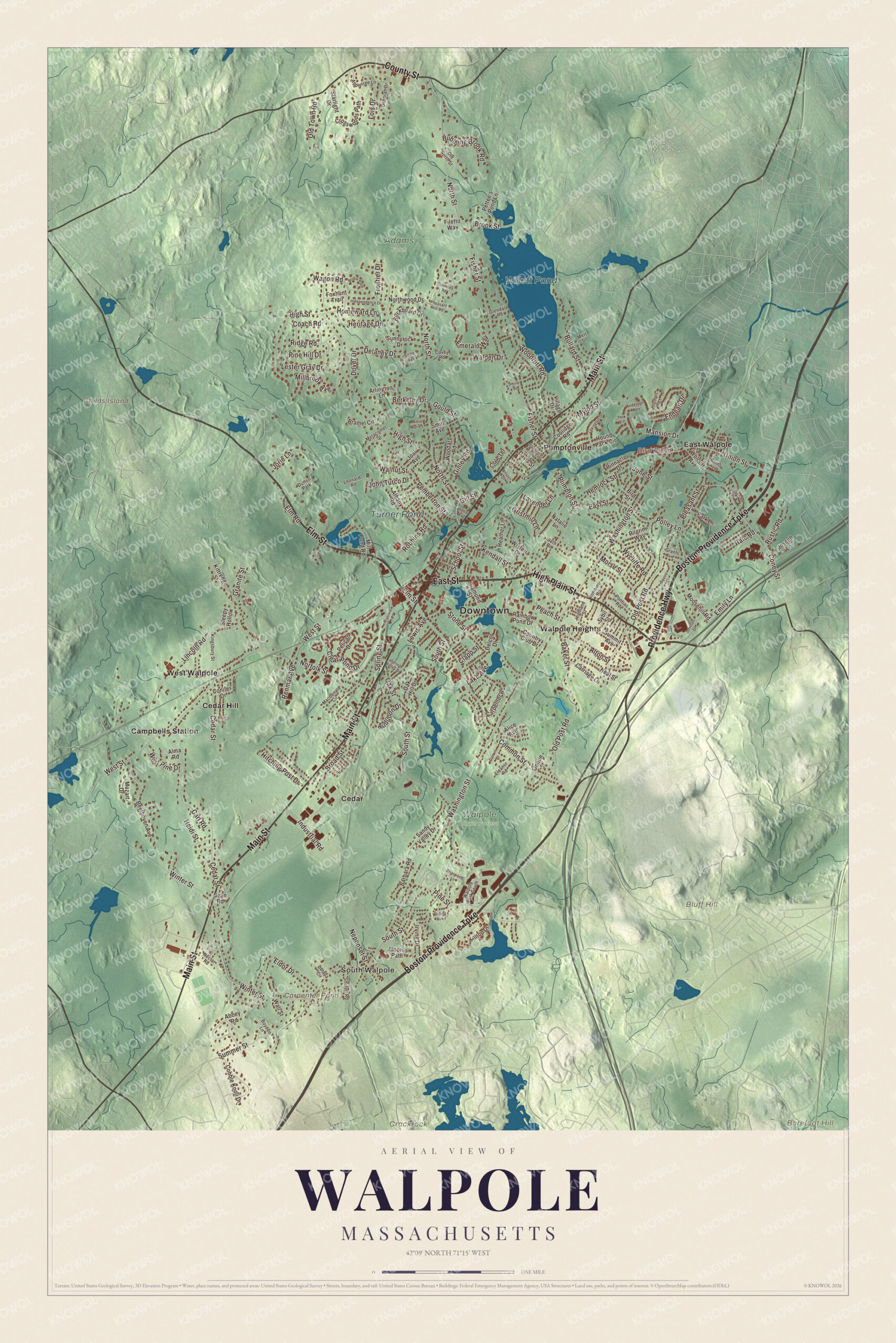 Protected watermarked complete map of Walpole, Massachusetts