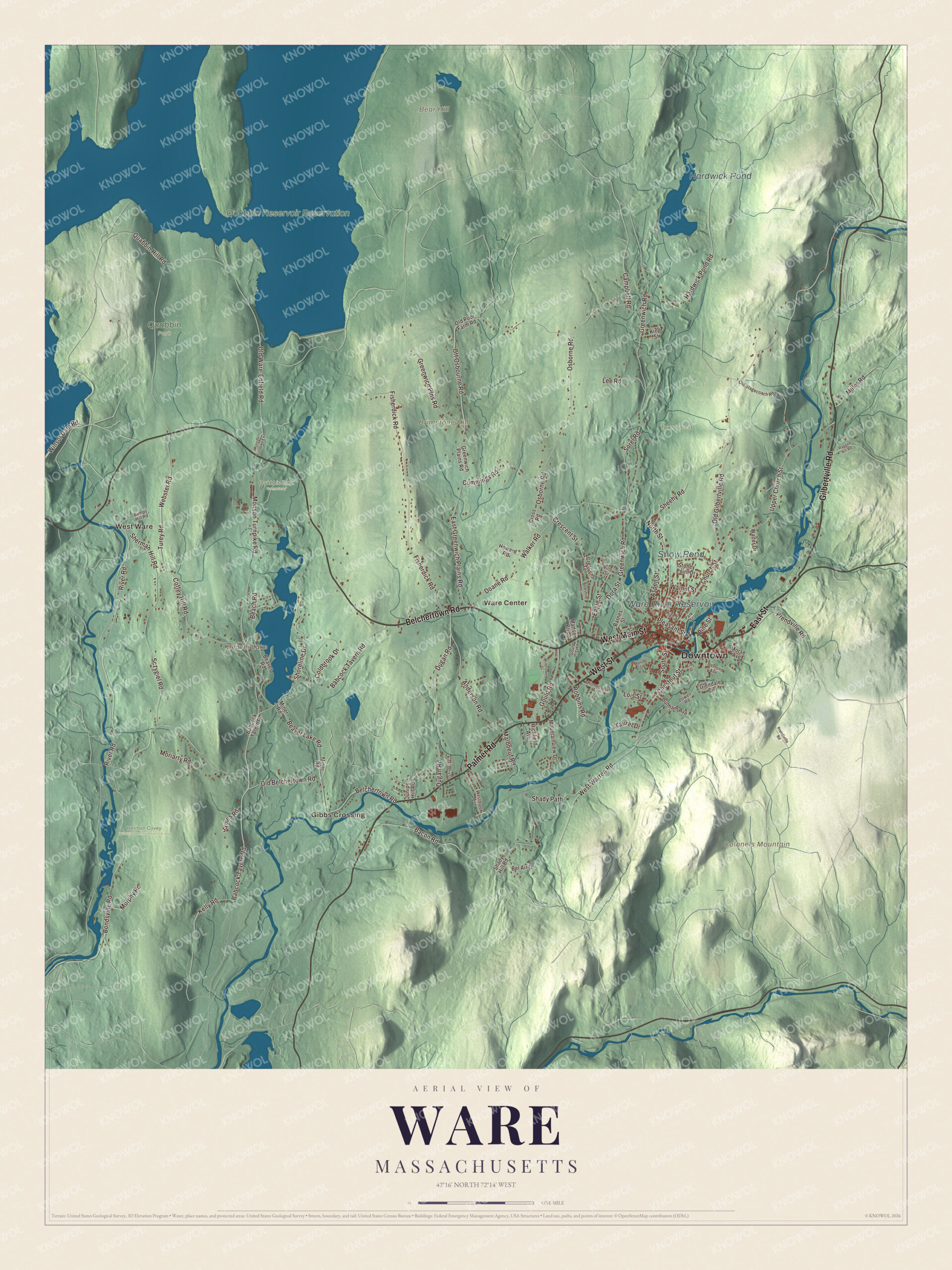 Protected watermarked complete map of Ware, Massachusetts