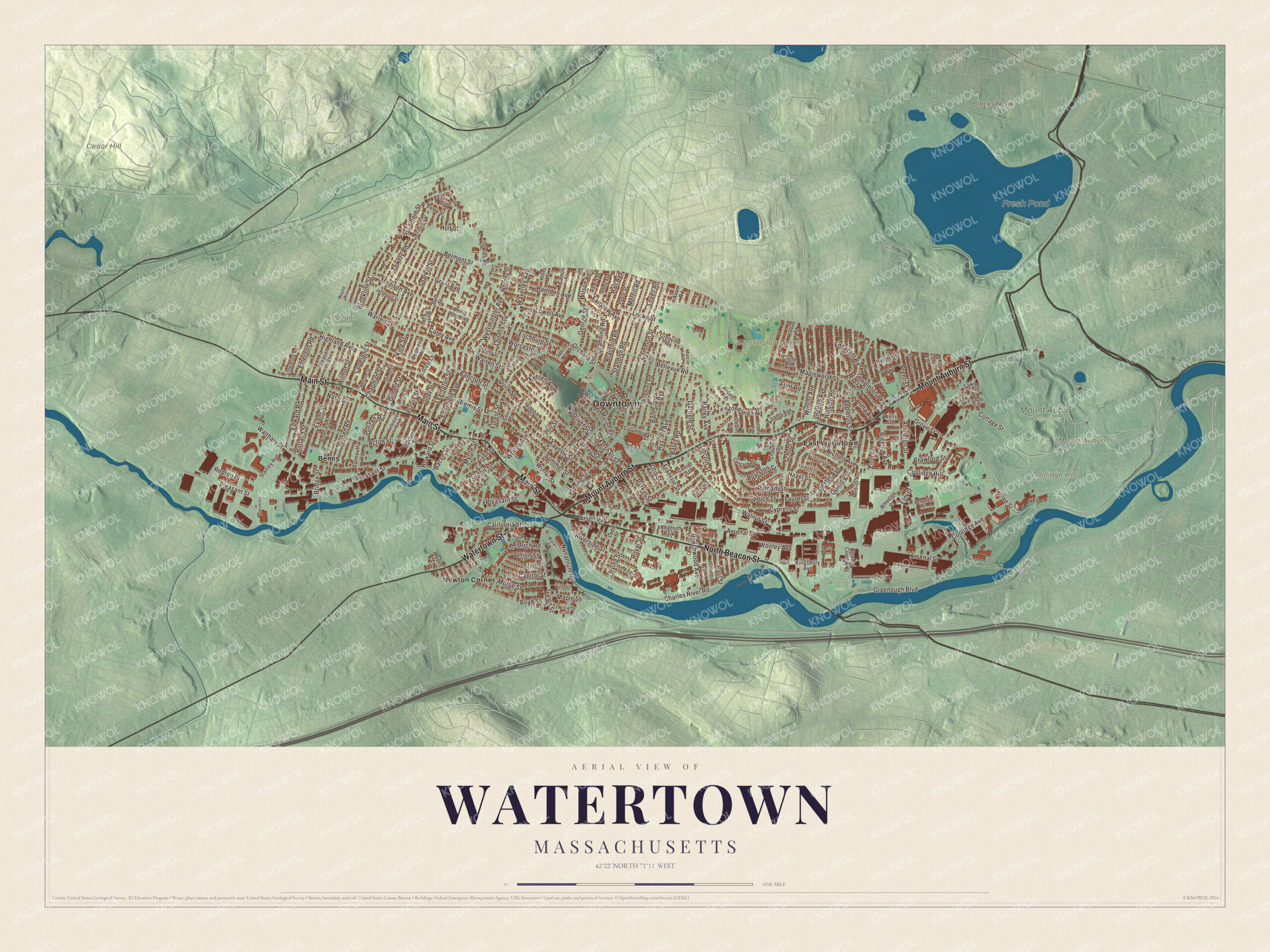 Protected watermarked complete map of Watertown, Massachusetts