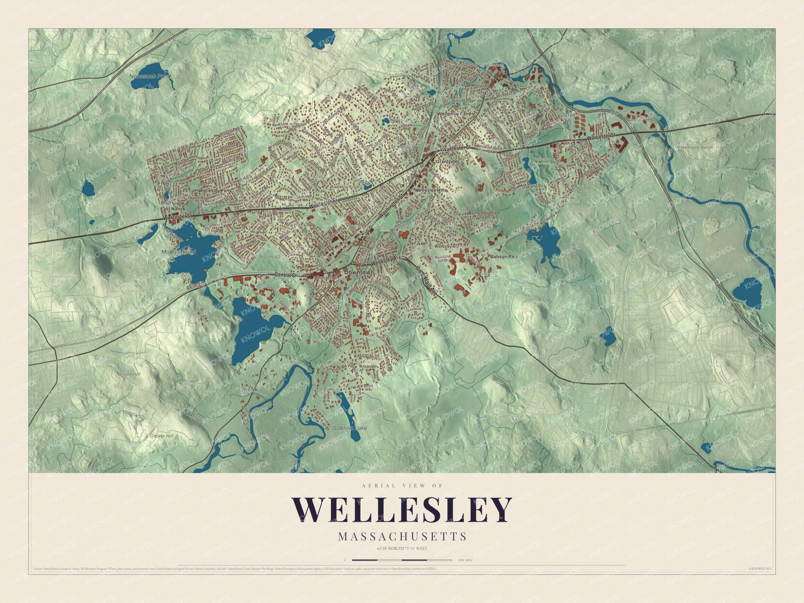 Protected watermarked complete map of Wellesley, Massachusetts