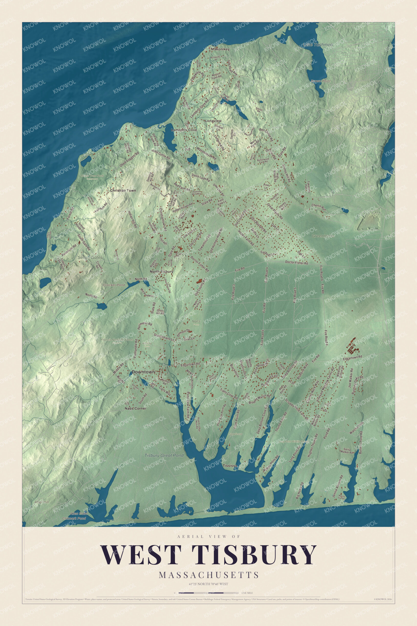 Protected watermarked complete map of West Tisbury, Massachusetts