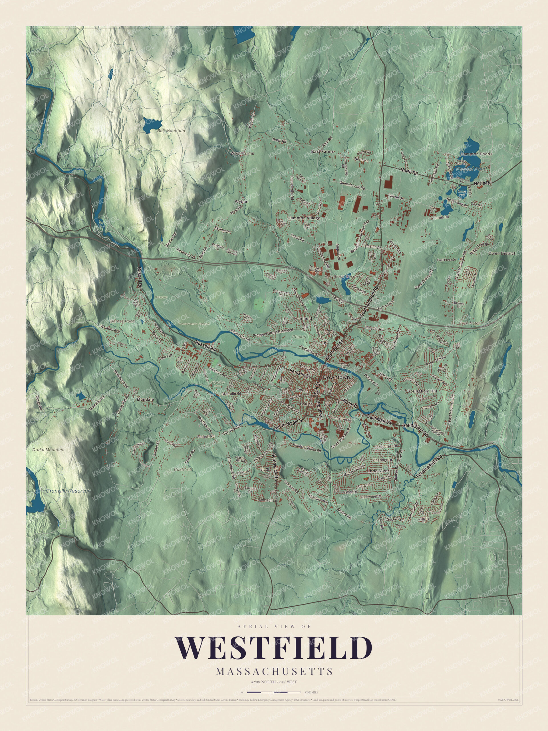 Protected watermarked complete map of Westfield, Massachusetts