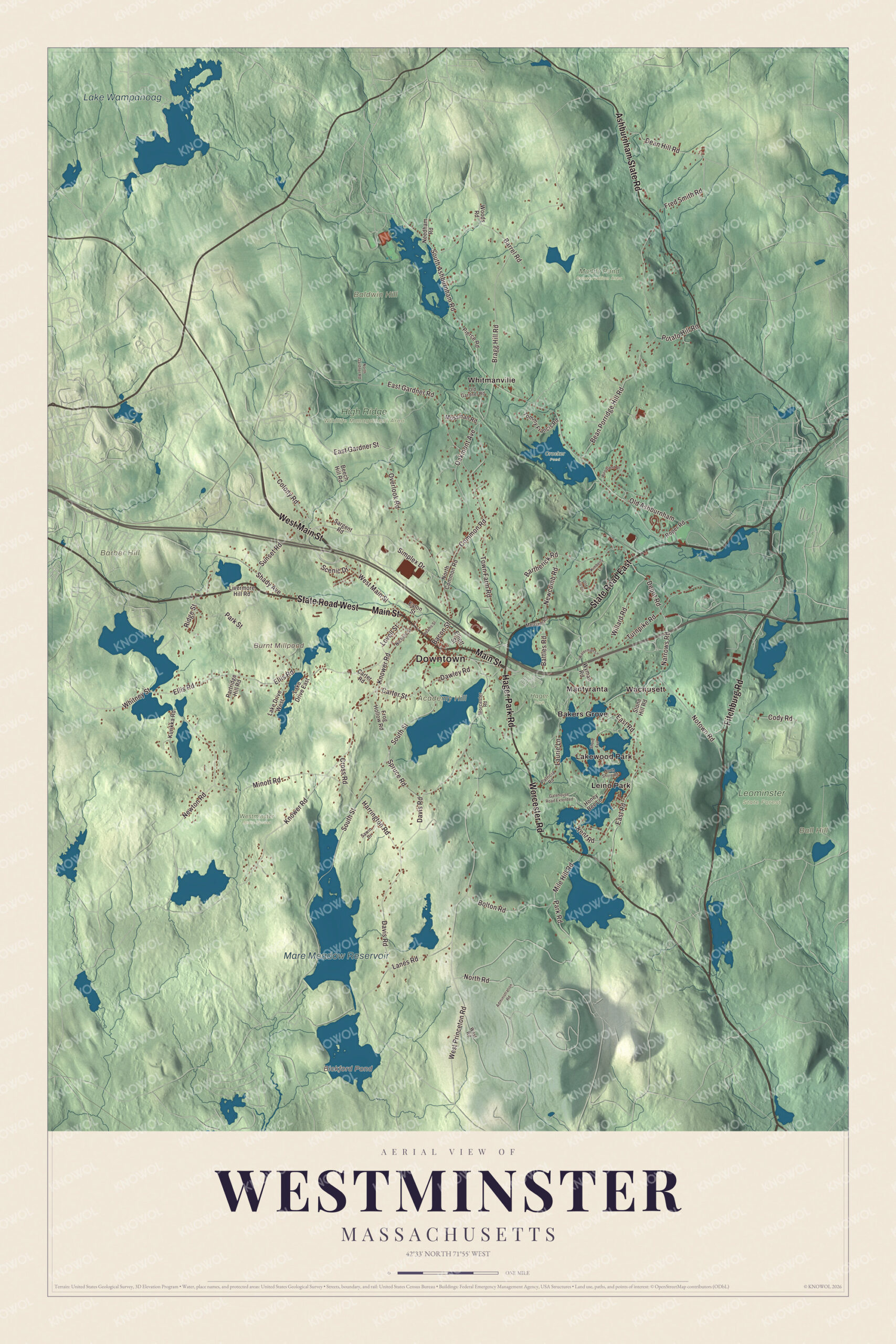 Protected watermarked complete map of Westminster, Massachusetts