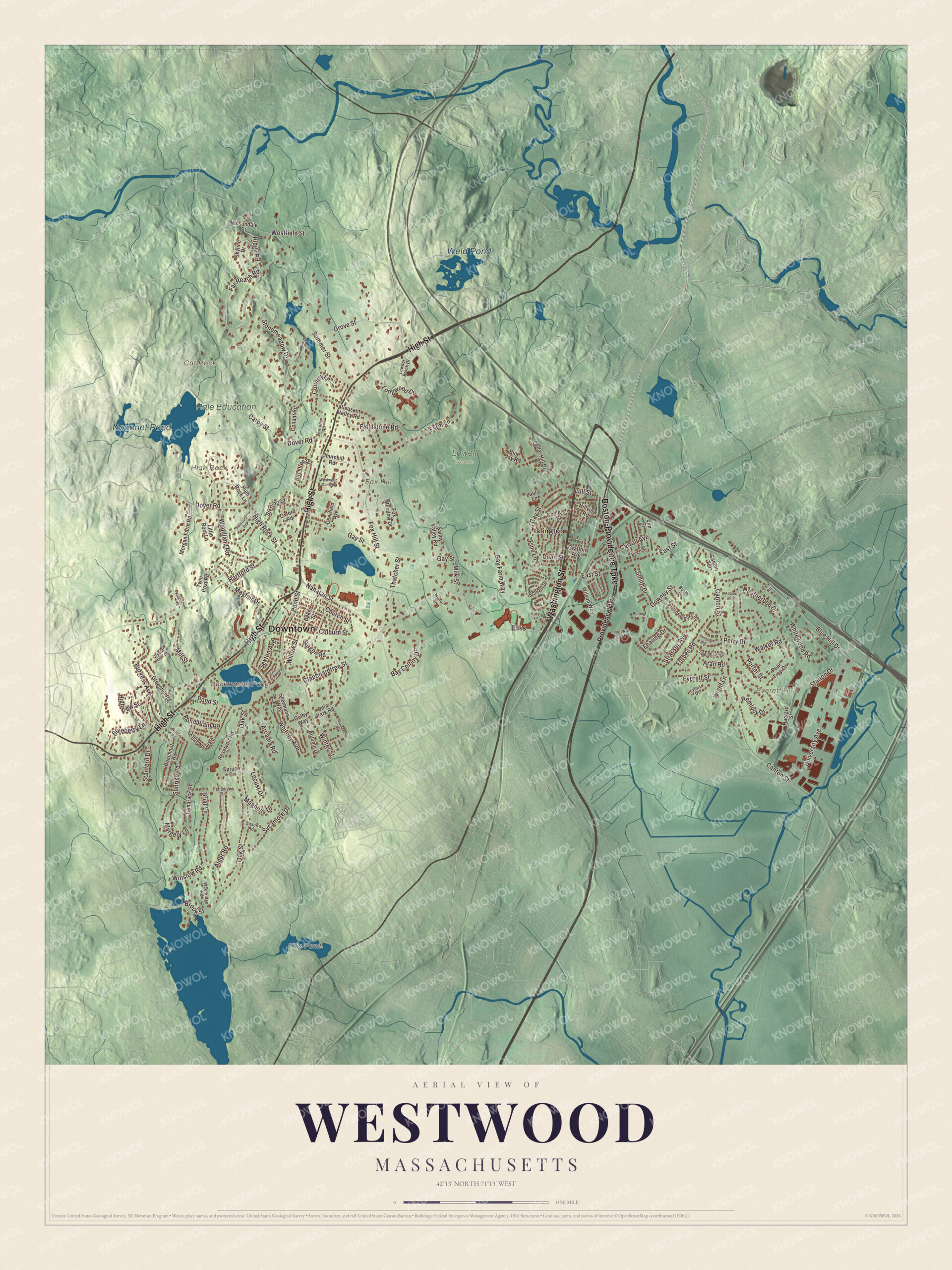 Protected watermarked complete map of Westwood, Massachusetts