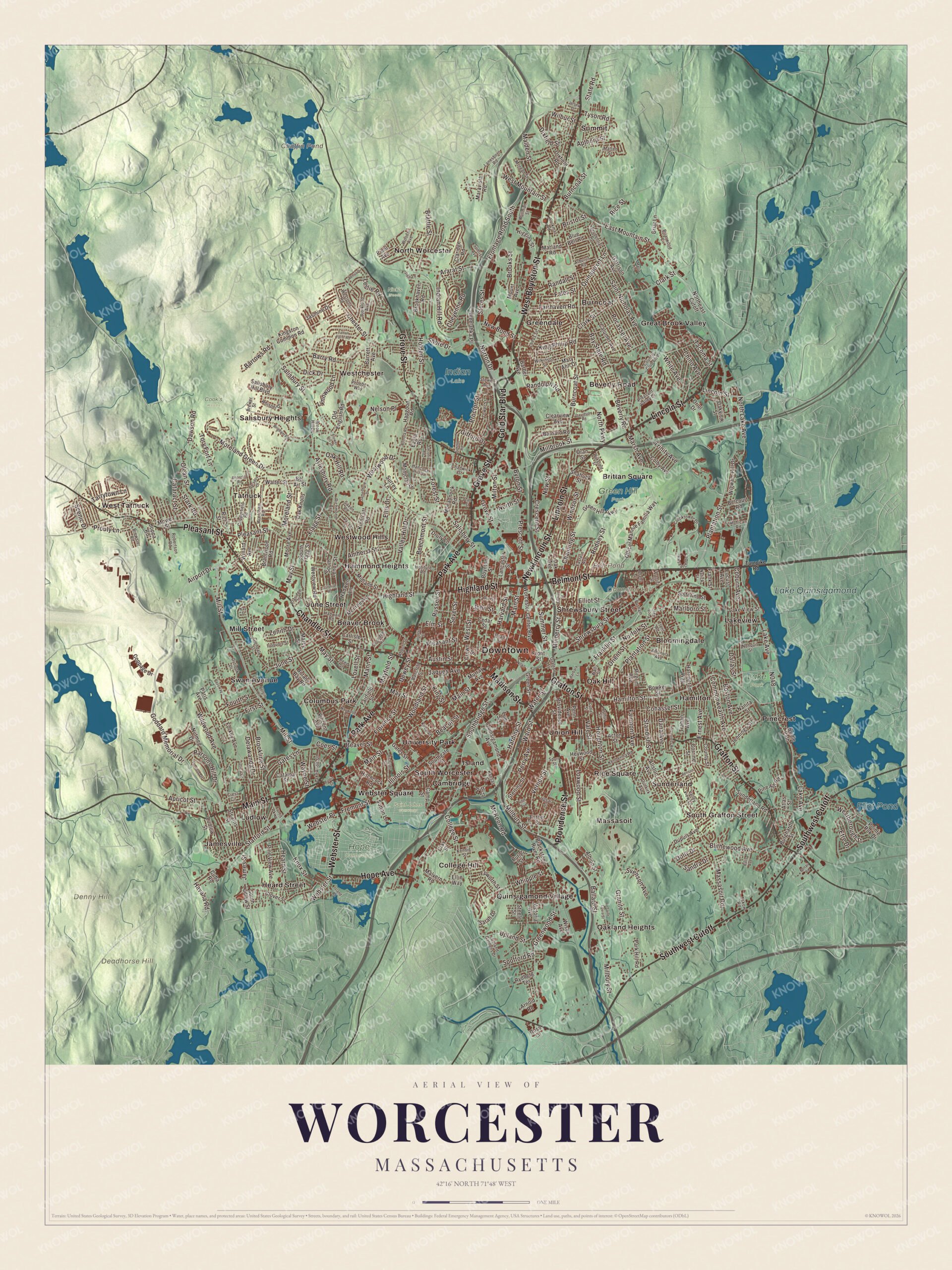 Protected watermarked complete map of Worcester, Massachusetts
