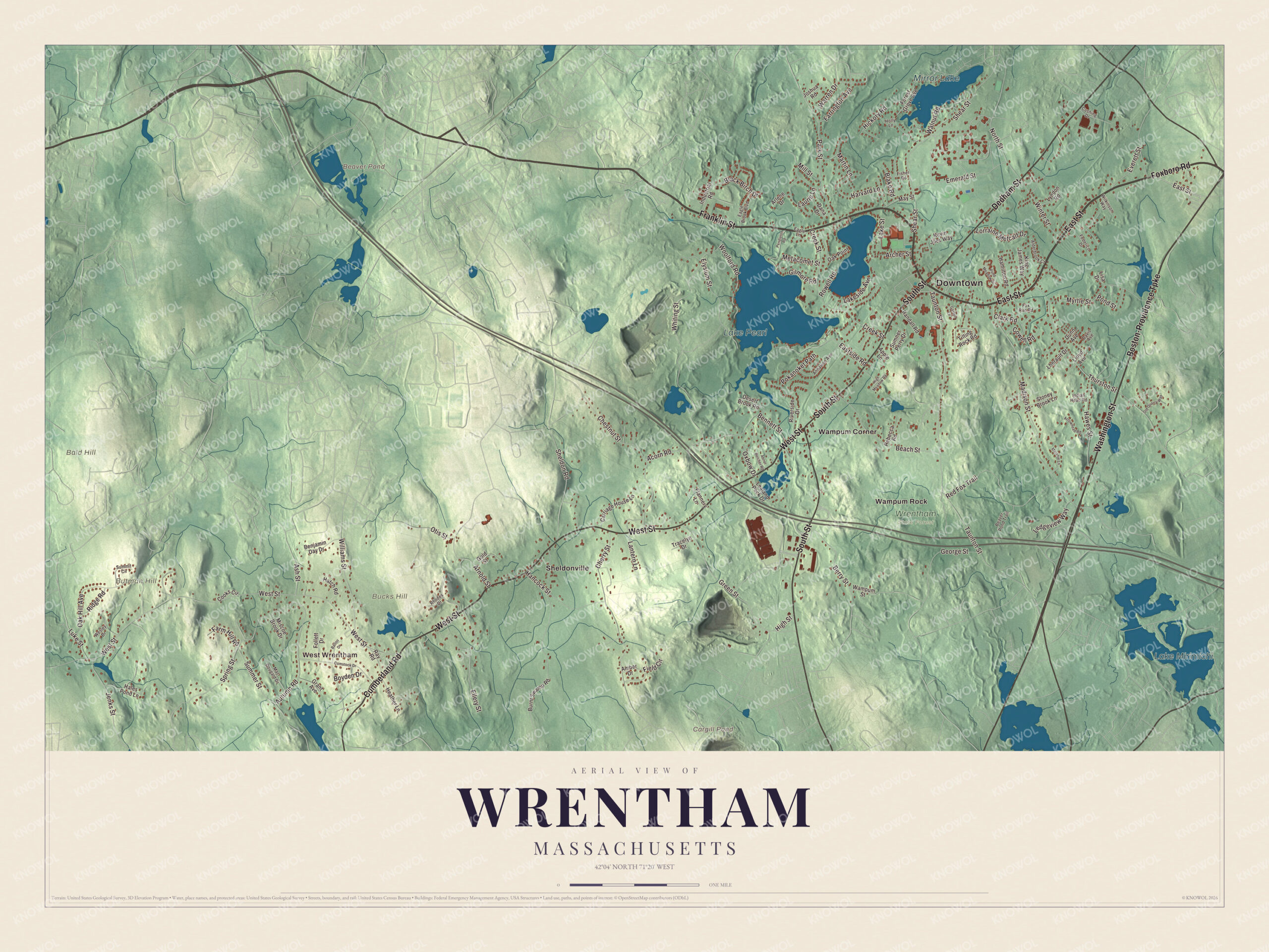 Protected watermarked complete map of Wrentham, Massachusetts