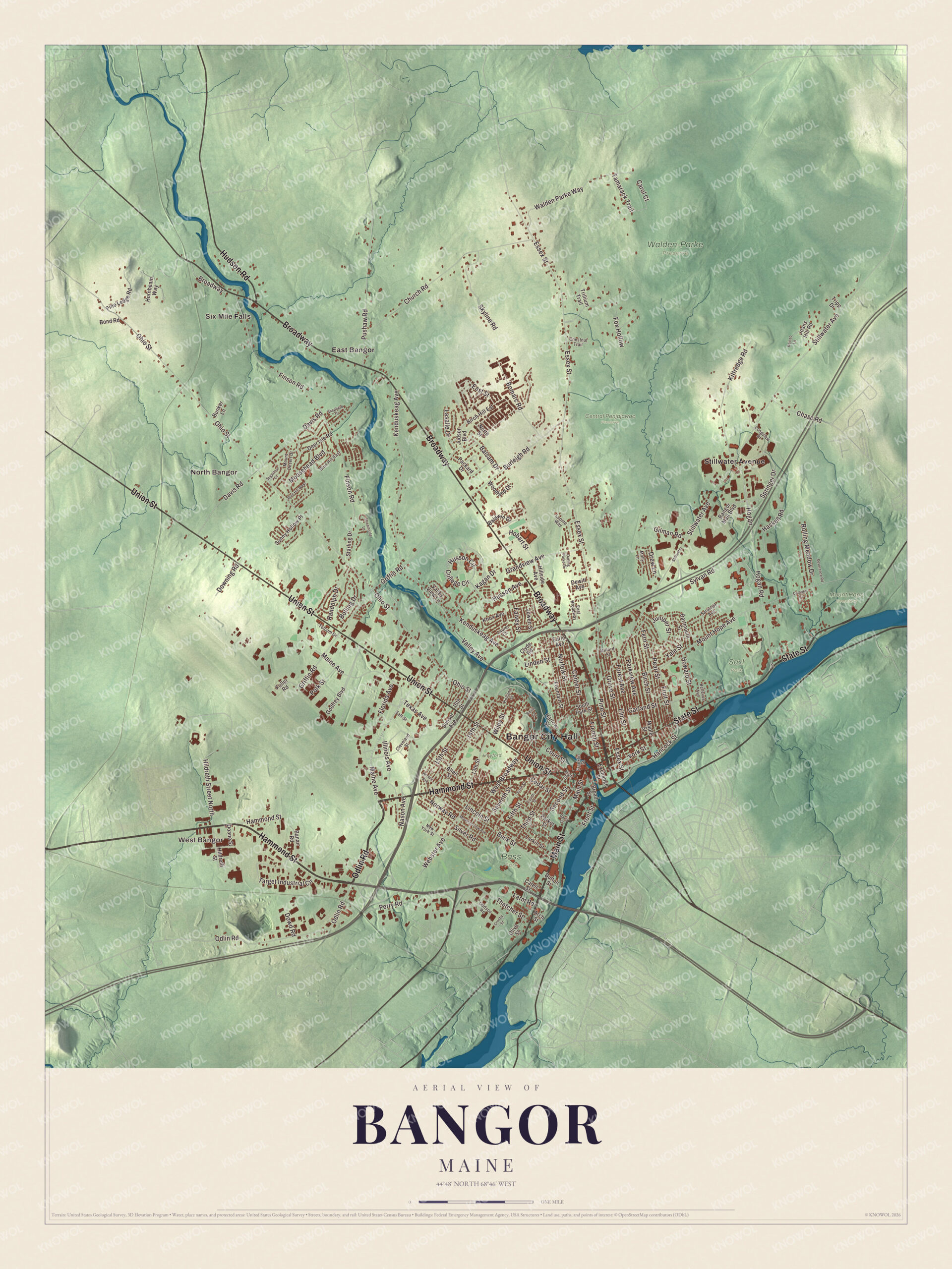 Protected watermarked complete map of Bangor, Maine