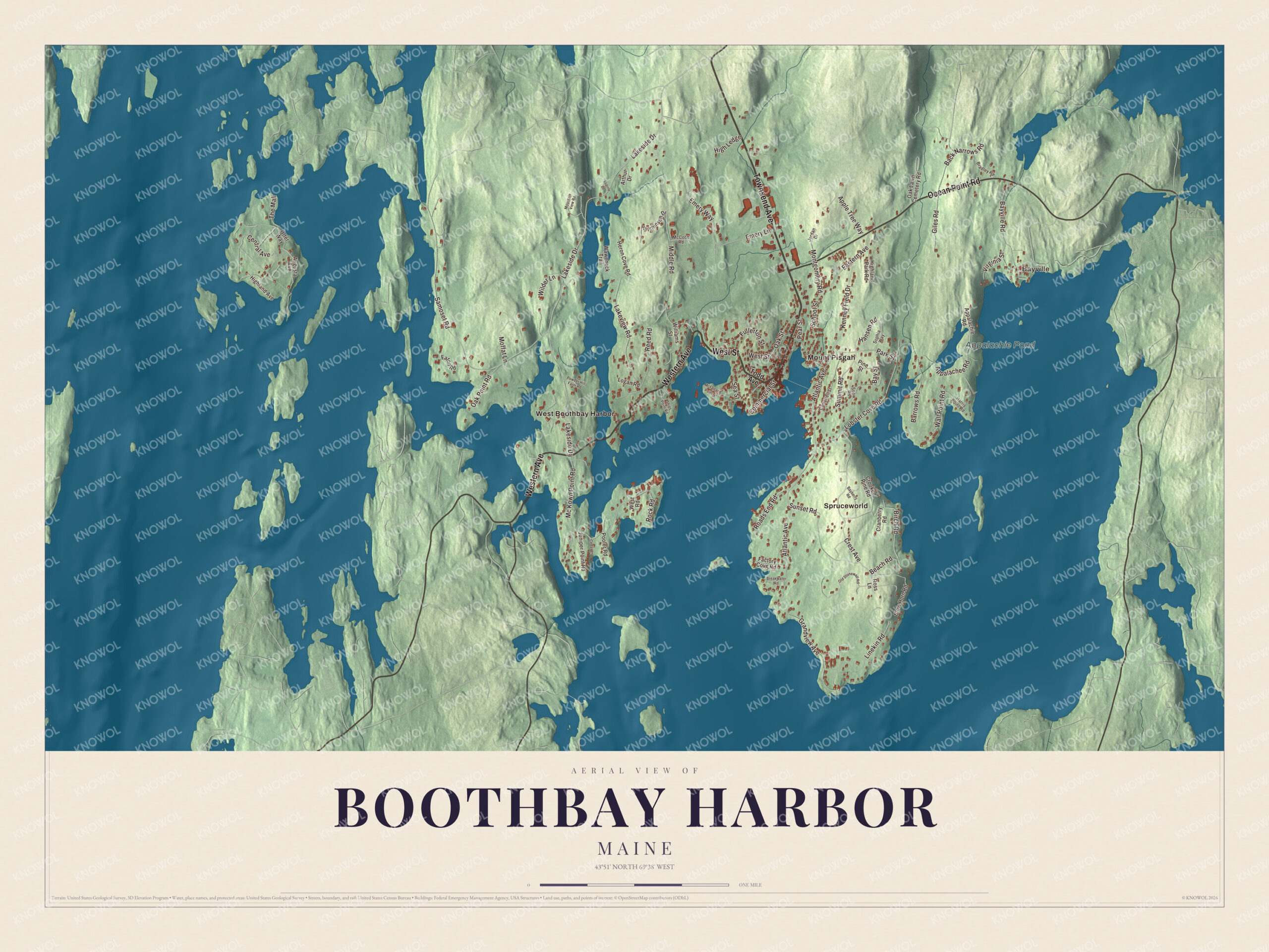 Protected watermarked complete map of Boothbay Harbor, Maine