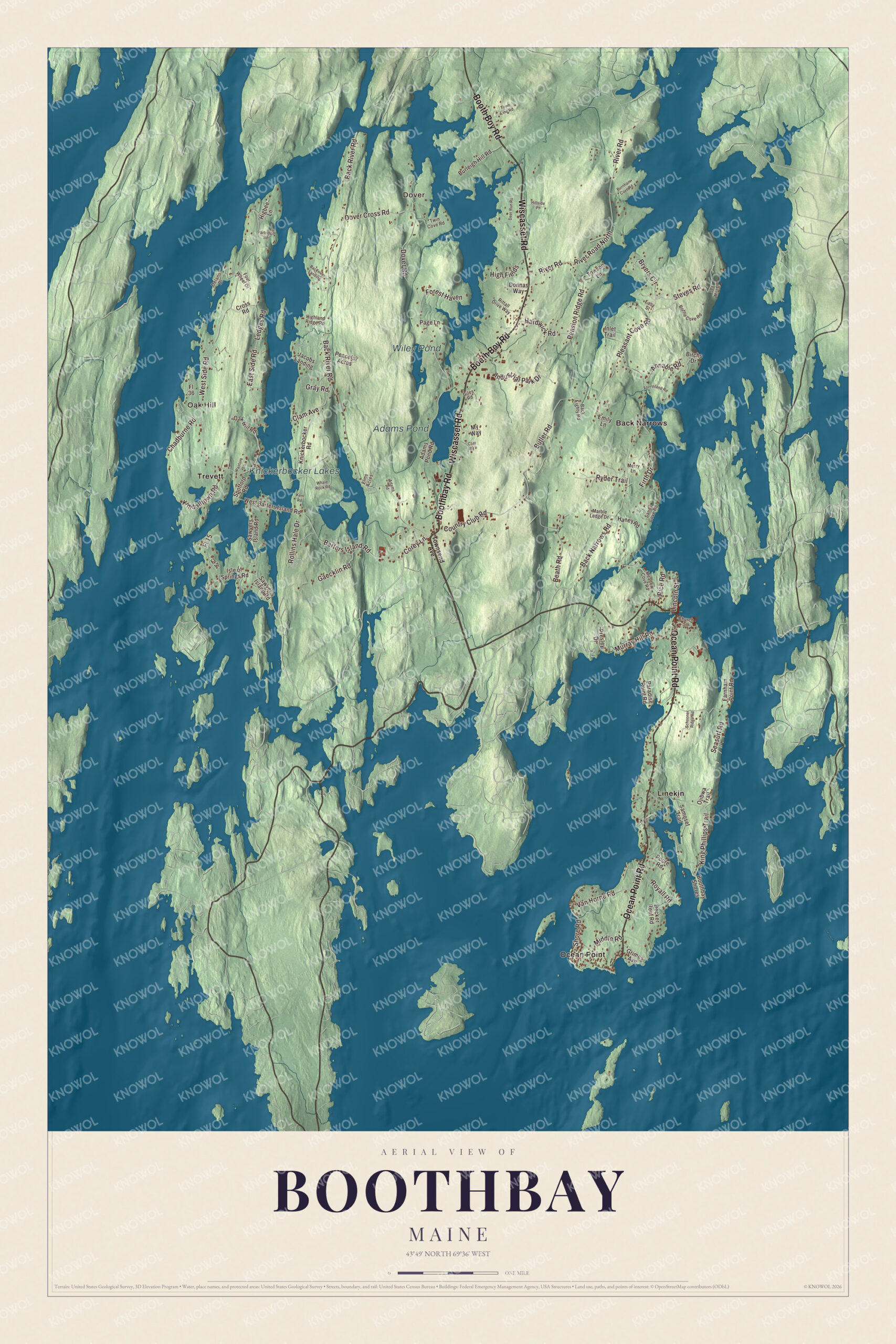 Protected watermarked complete map of Boothbay, Maine