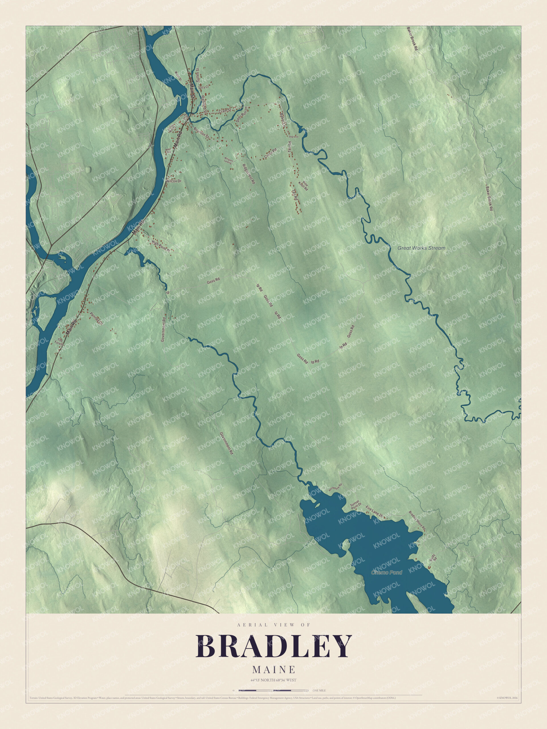 Protected watermarked complete map of Bradley, Maine