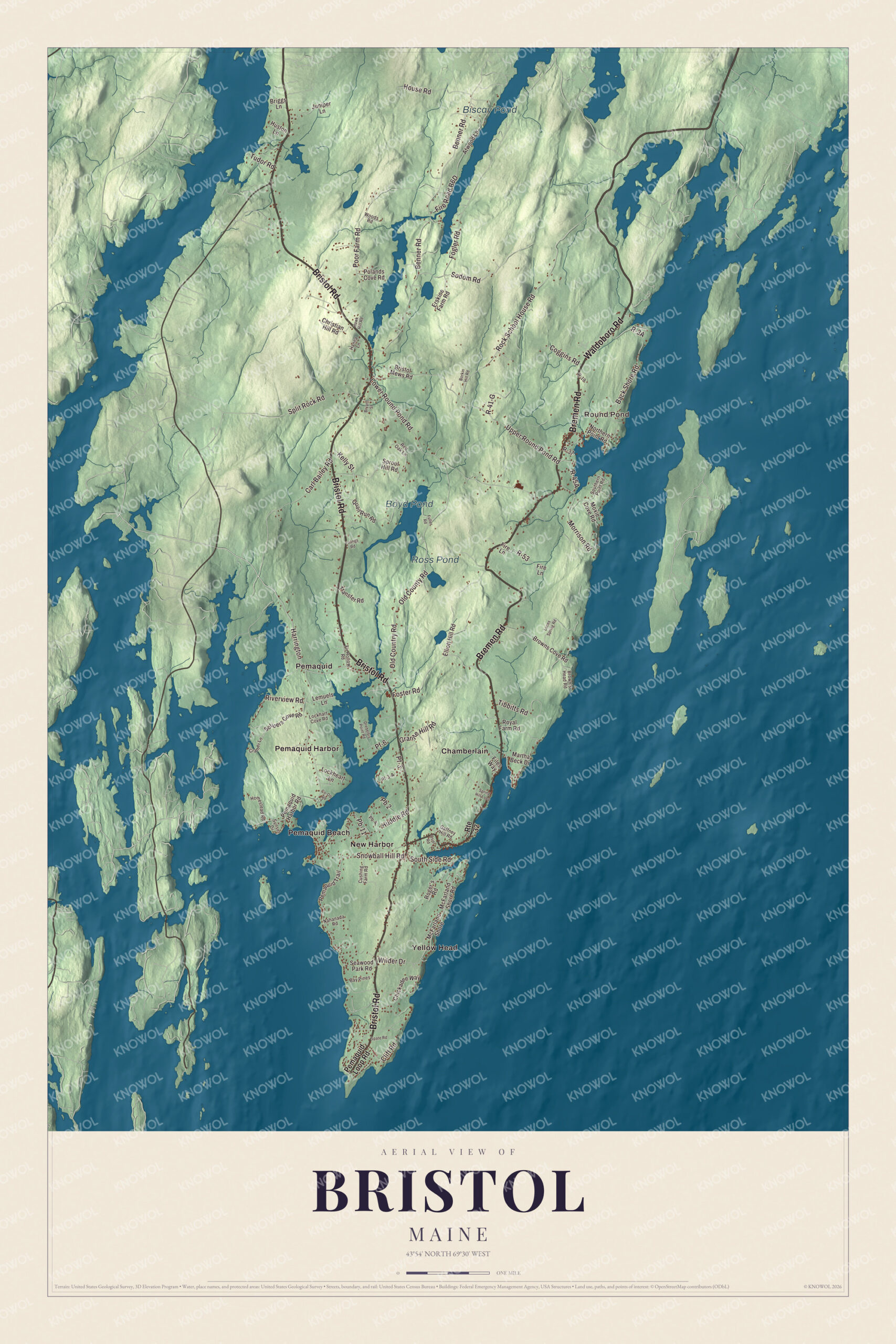 Protected watermarked complete map of Bristol, Maine