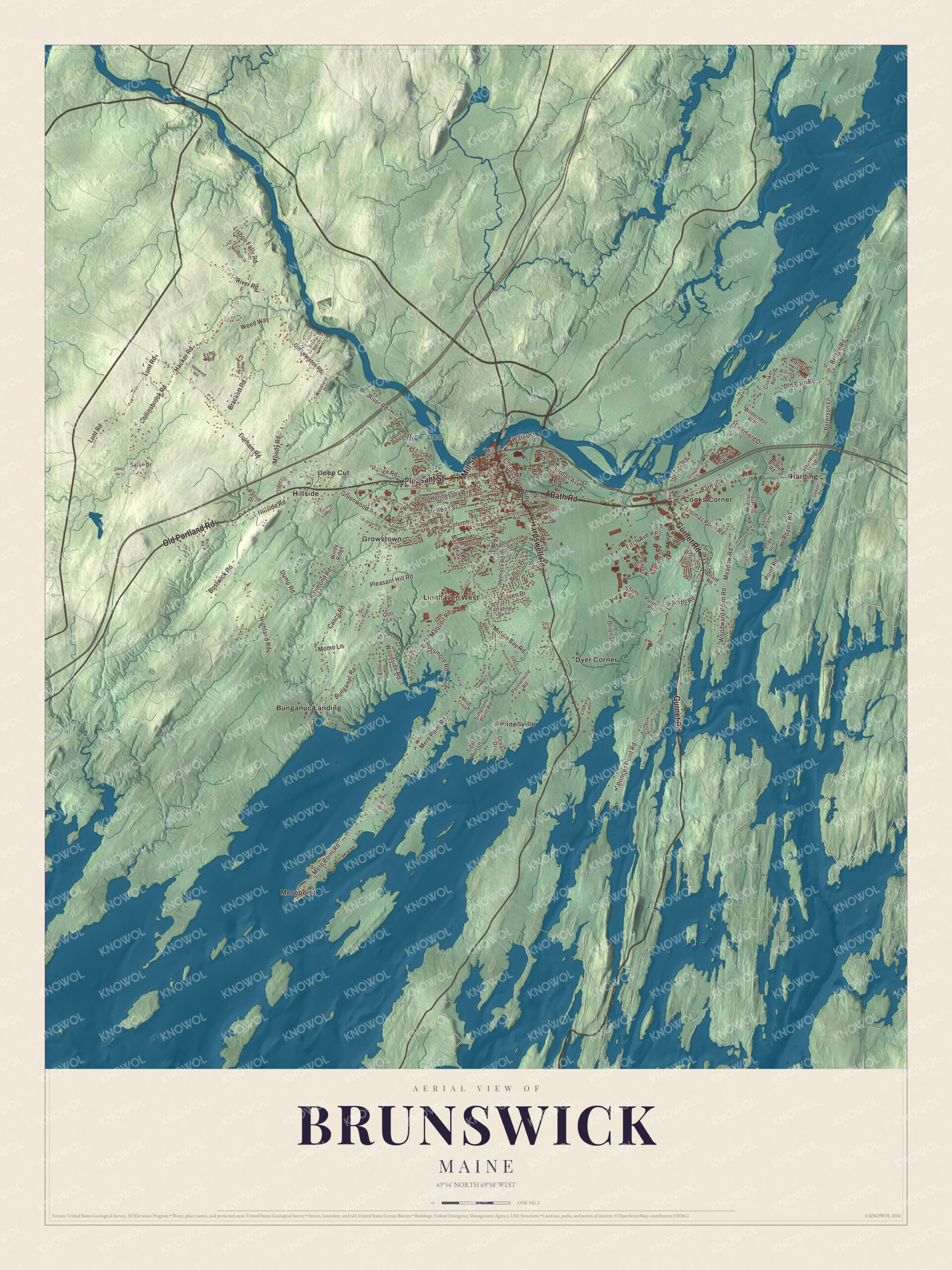 Protected watermarked complete map of Brunswick, Maine