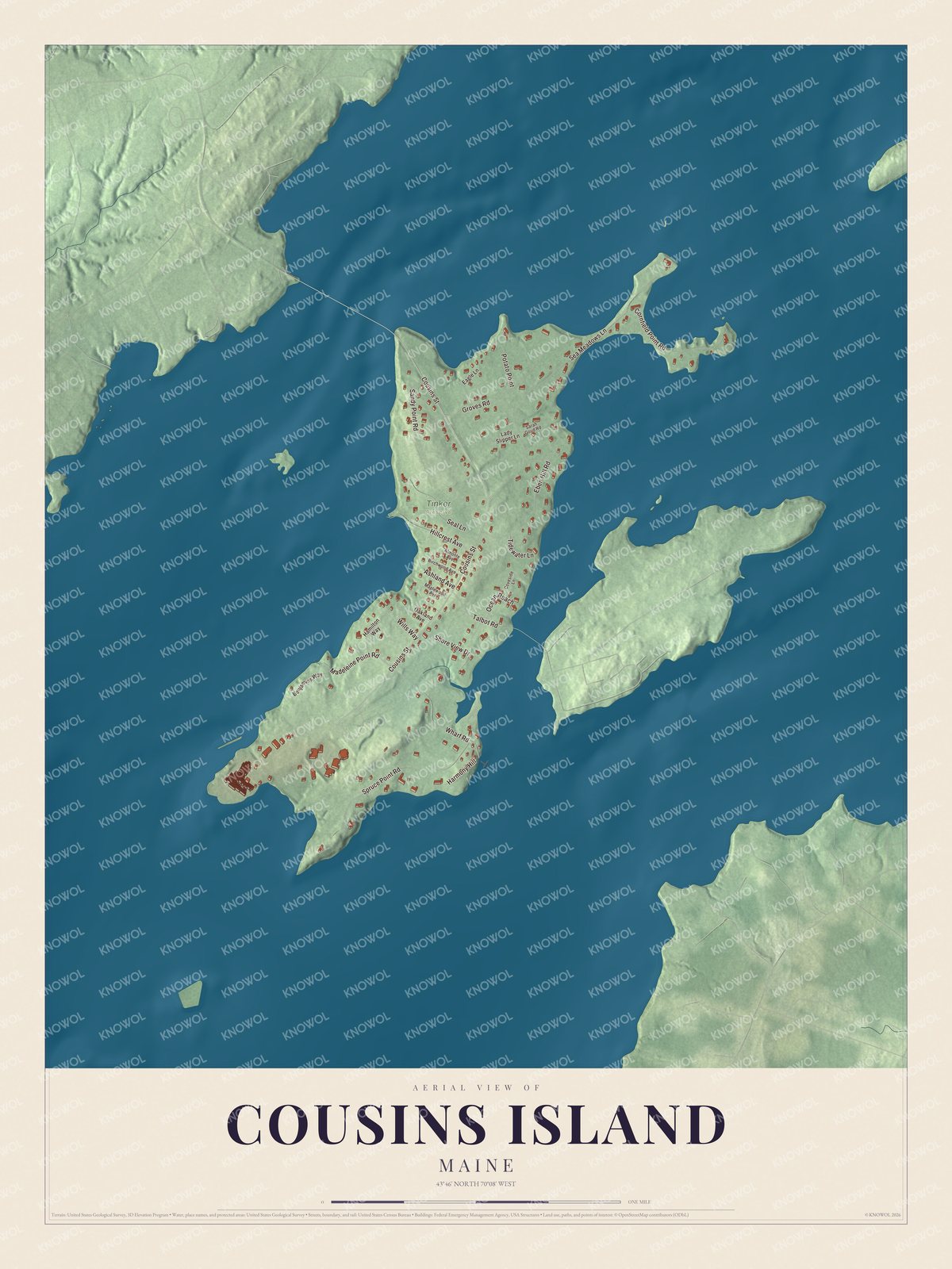 Protected watermarked complete map of Cousins Island, Maine
