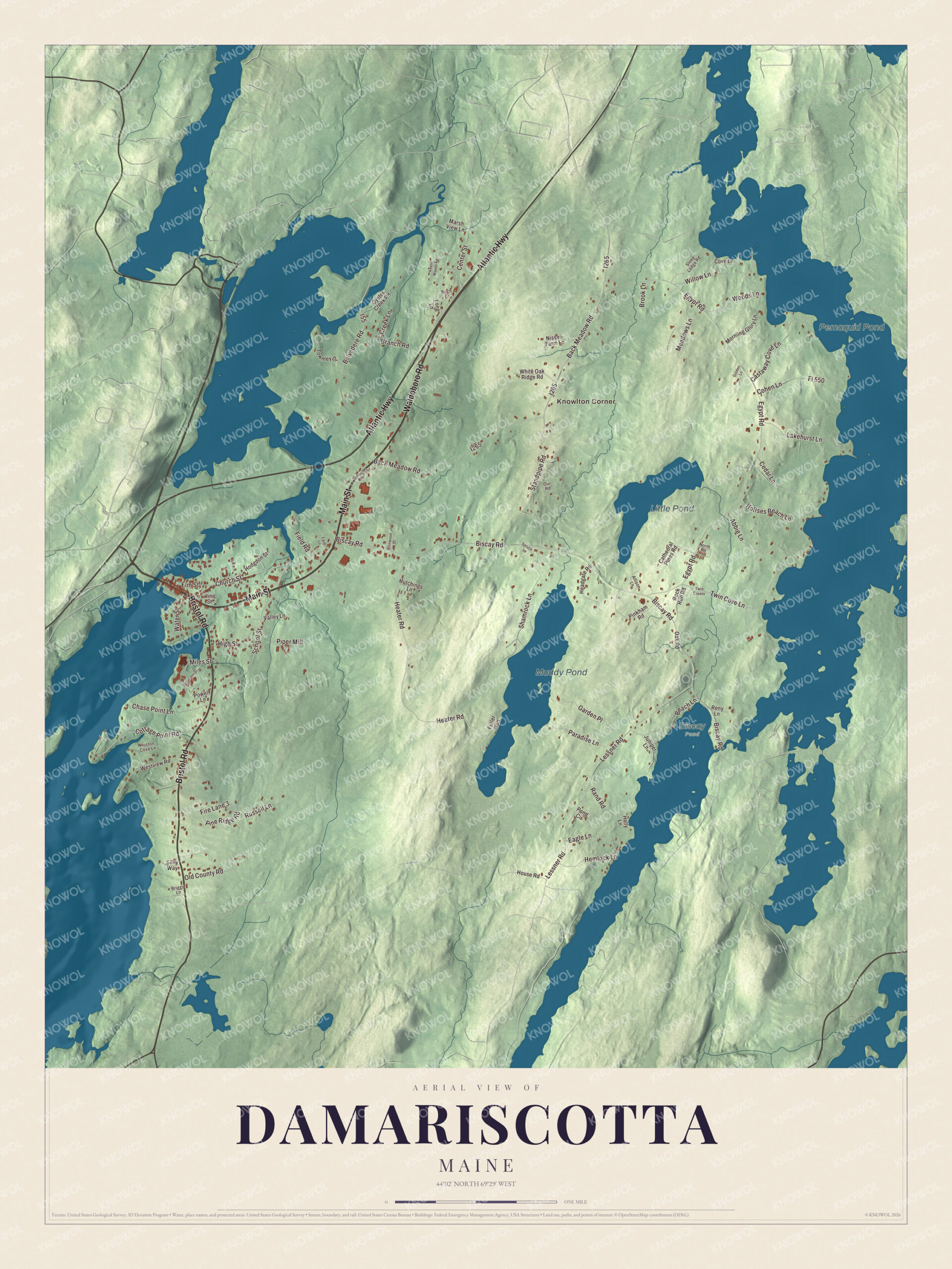 Protected watermarked complete map of Damariscotta, Maine