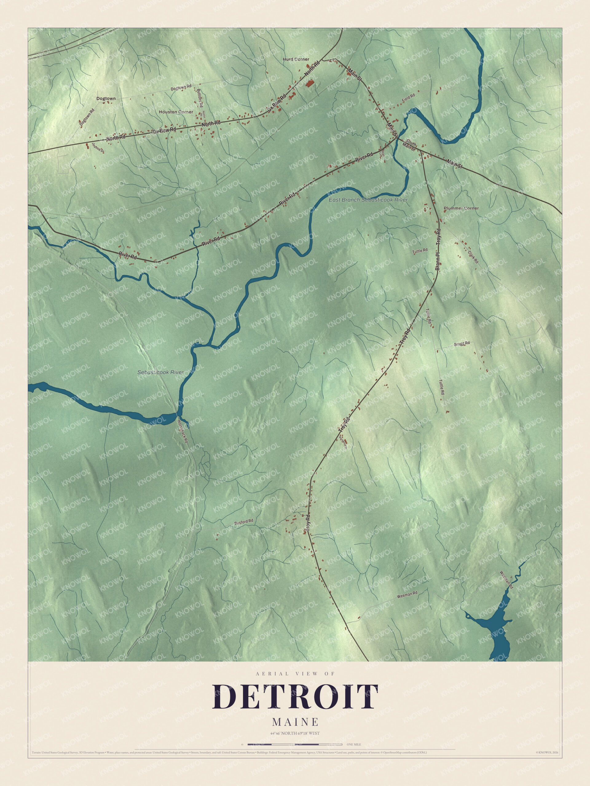 Protected watermarked complete map of Detroit, Maine