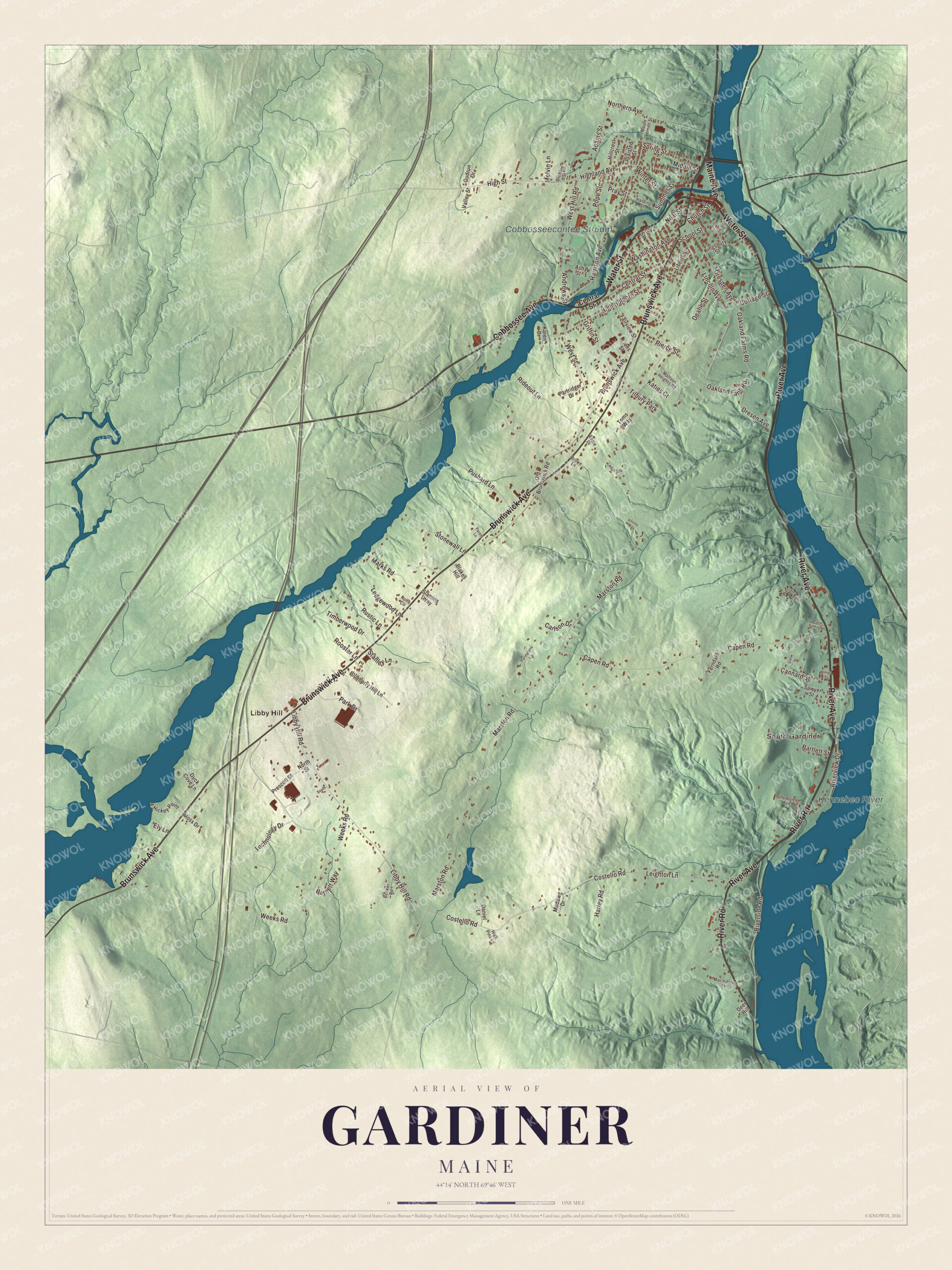 Protected watermarked complete map of Gardiner, Maine