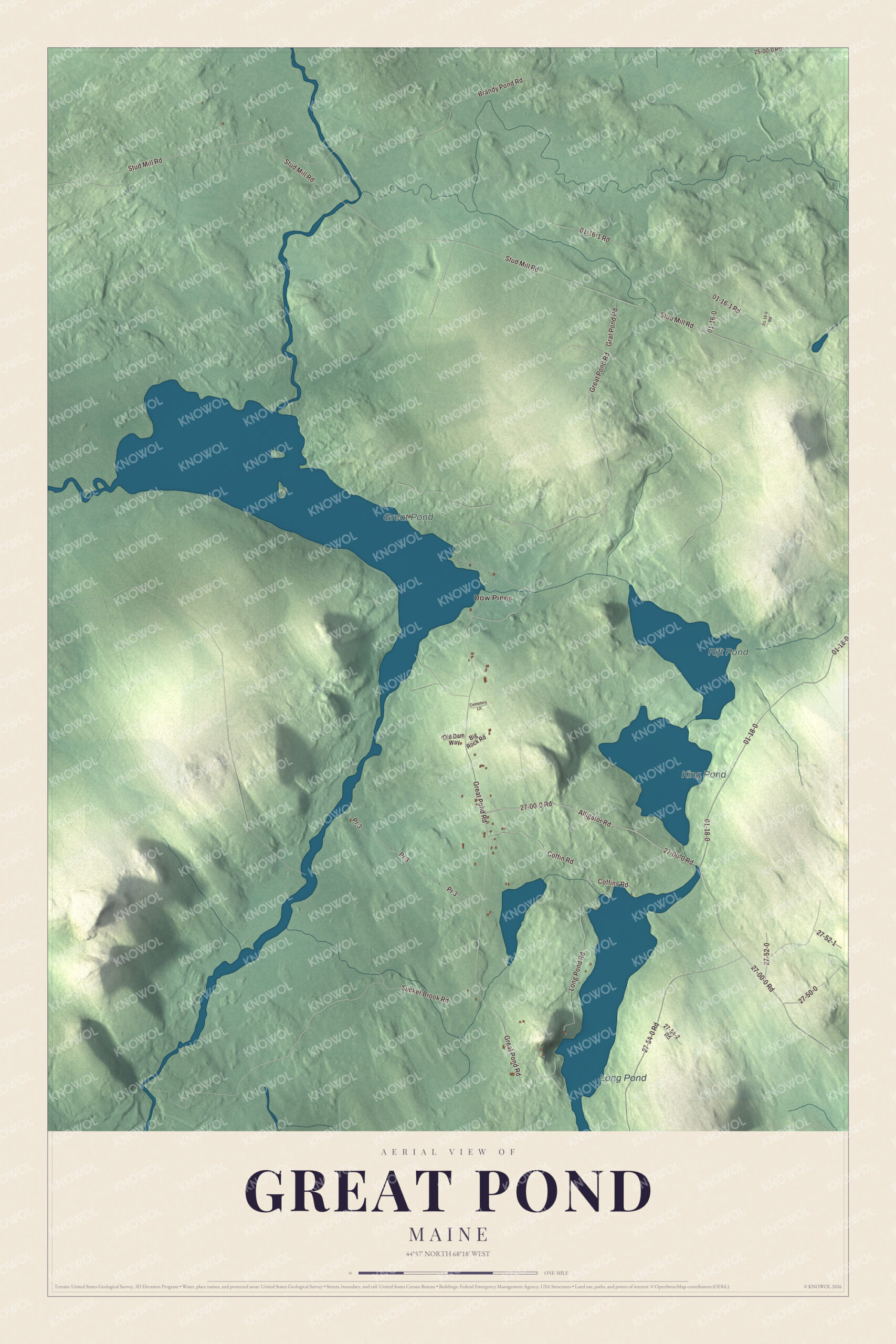 Protected watermarked complete map of Great Pond, Maine
