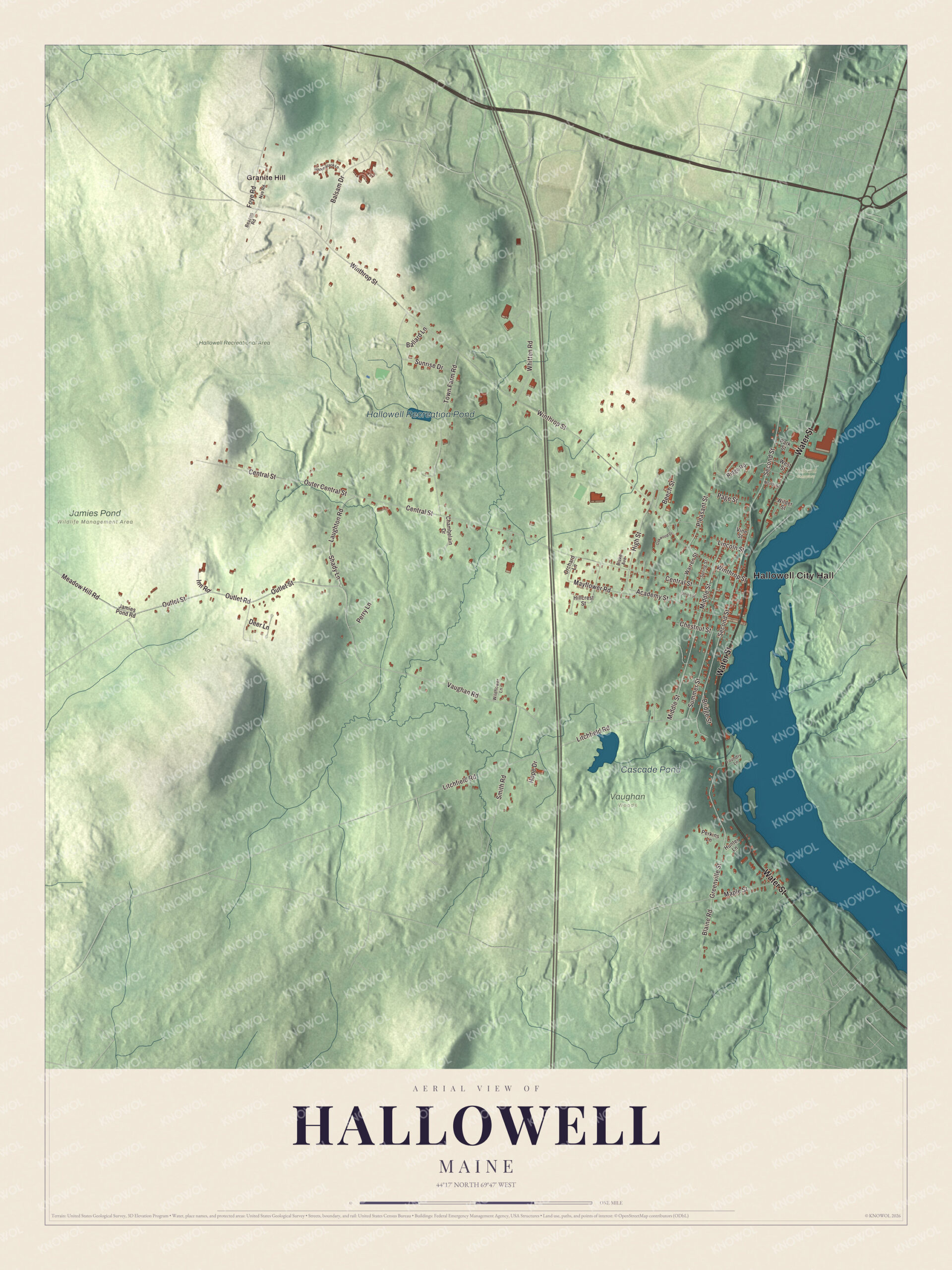 Protected watermarked complete map of Hallowell, Maine
