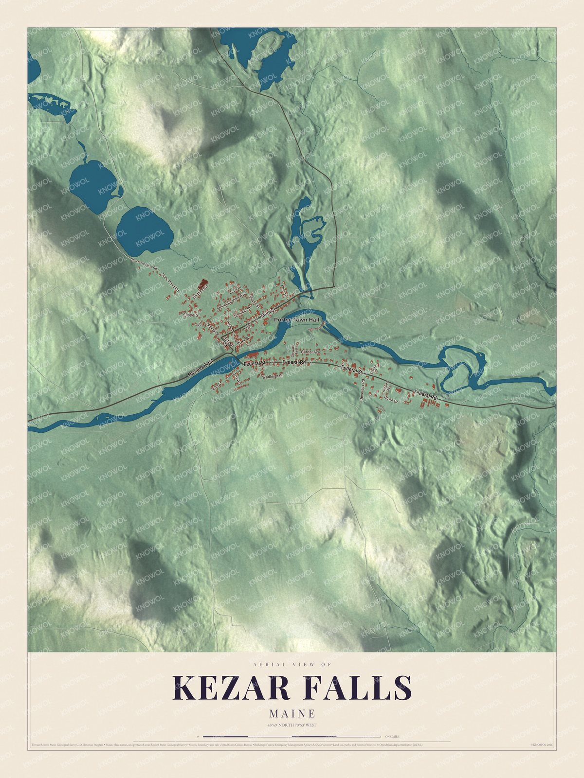 Protected watermarked complete map of Kezar Falls, Maine