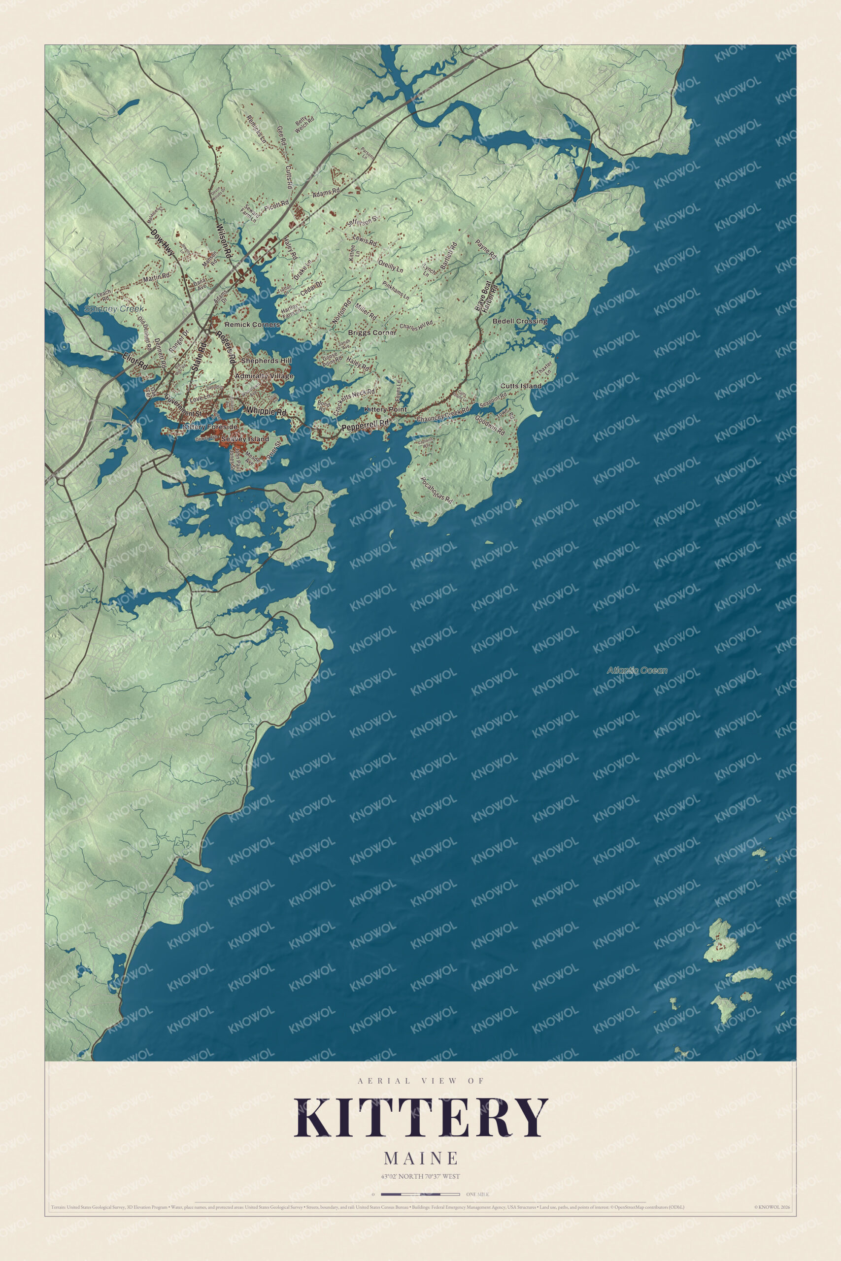Protected watermarked complete map of Kittery, Maine