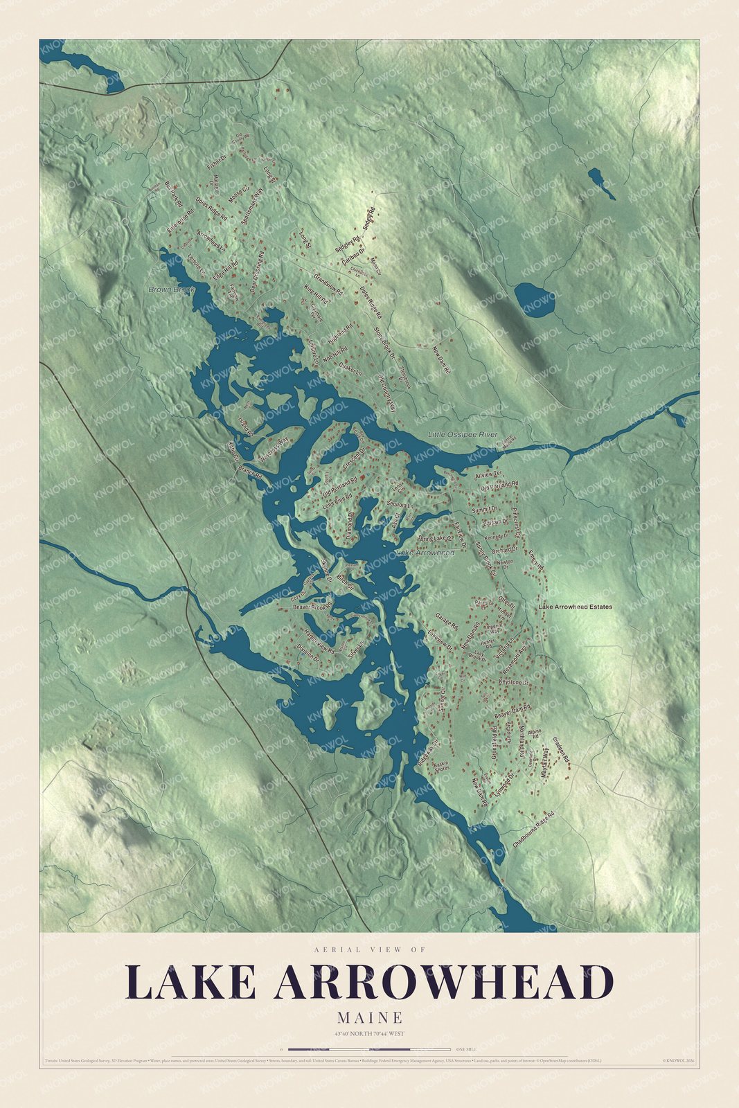 Protected watermarked complete map of Lake Arrowhead, Maine