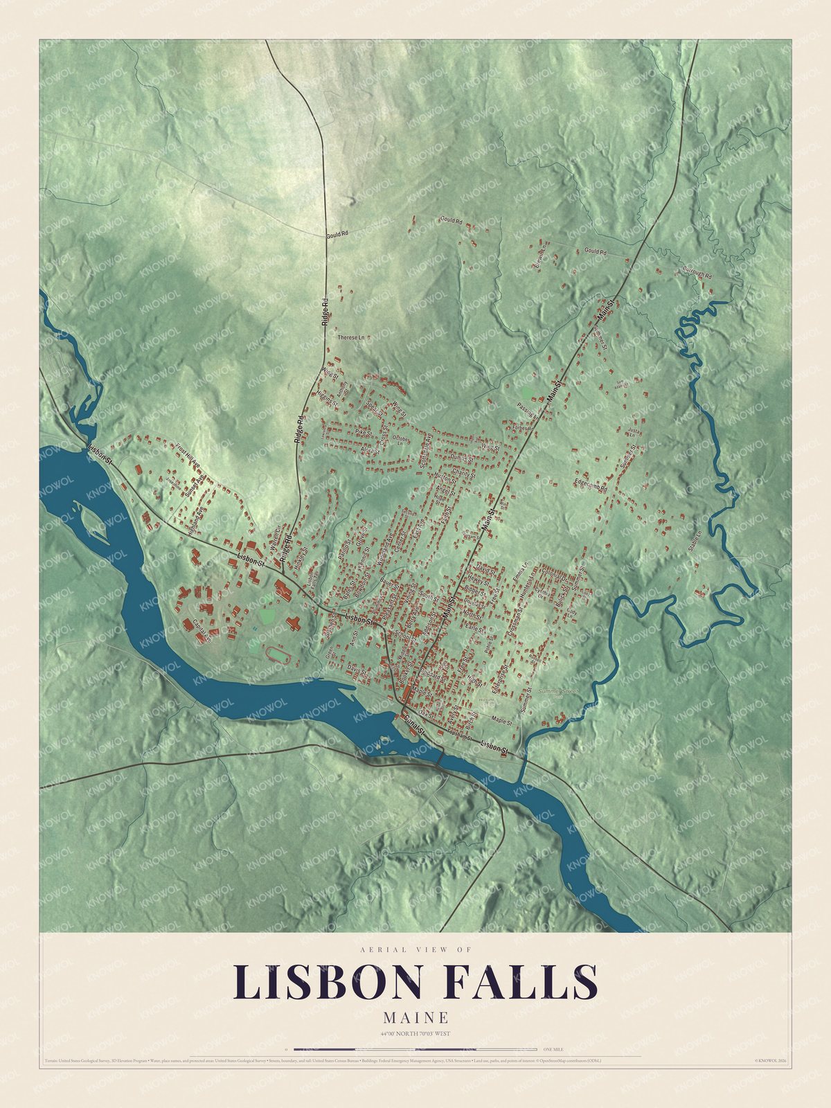Protected watermarked complete map of Lisbon Falls, Maine