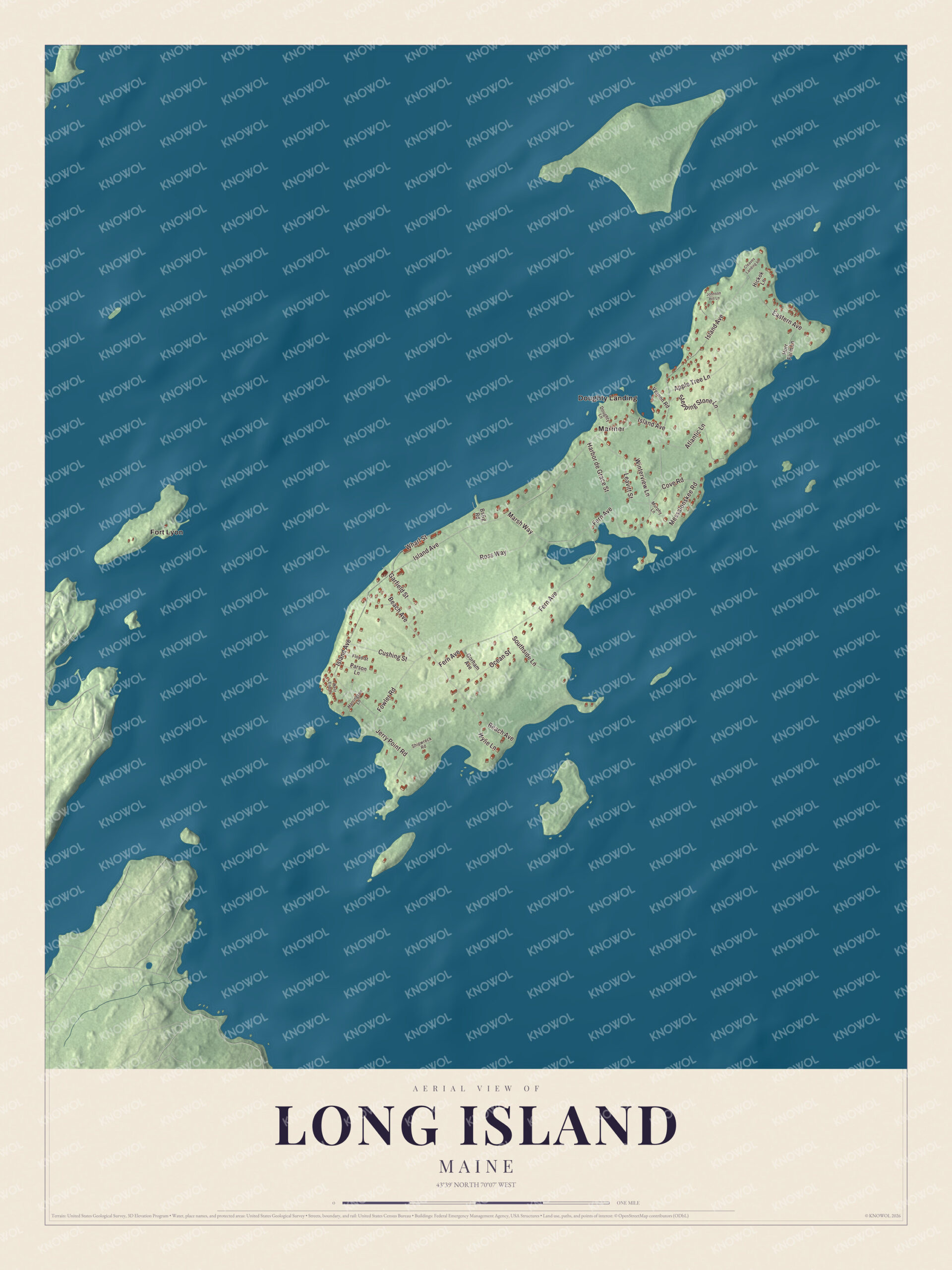 Protected watermarked complete map of Long Island, Maine