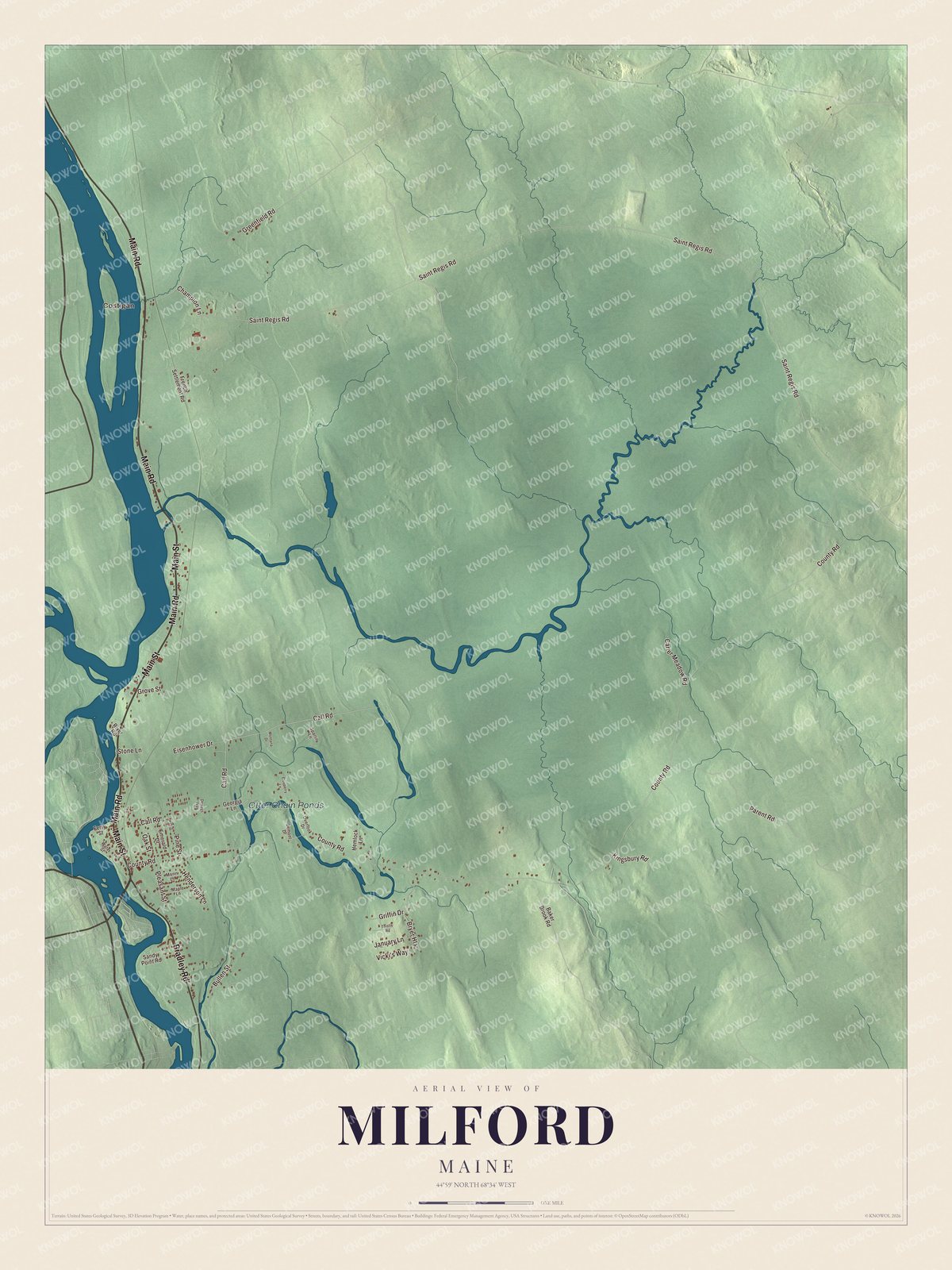 Protected watermarked complete map of Milford, Maine