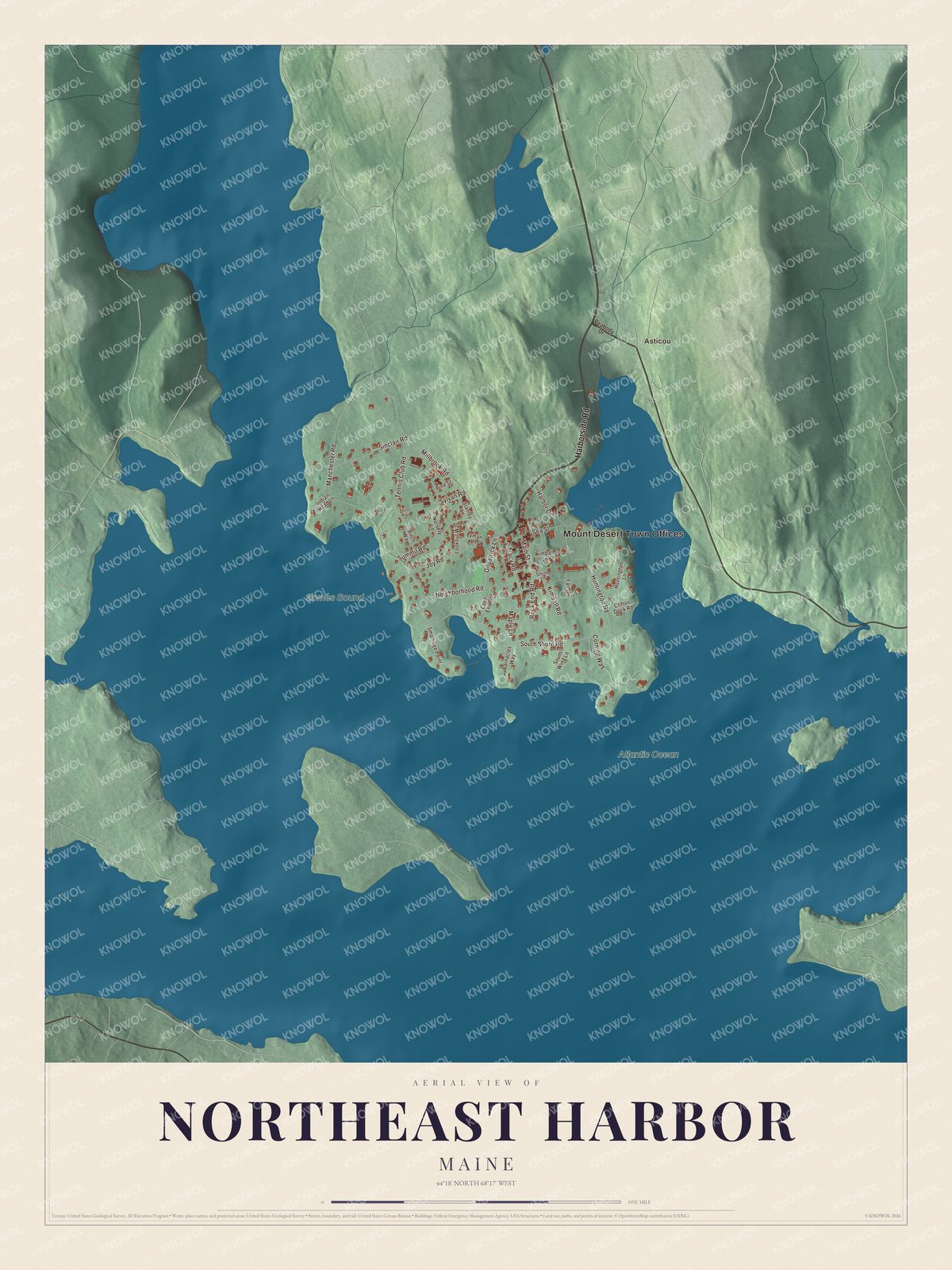 Protected watermarked complete map of Northeast Harbor, Maine