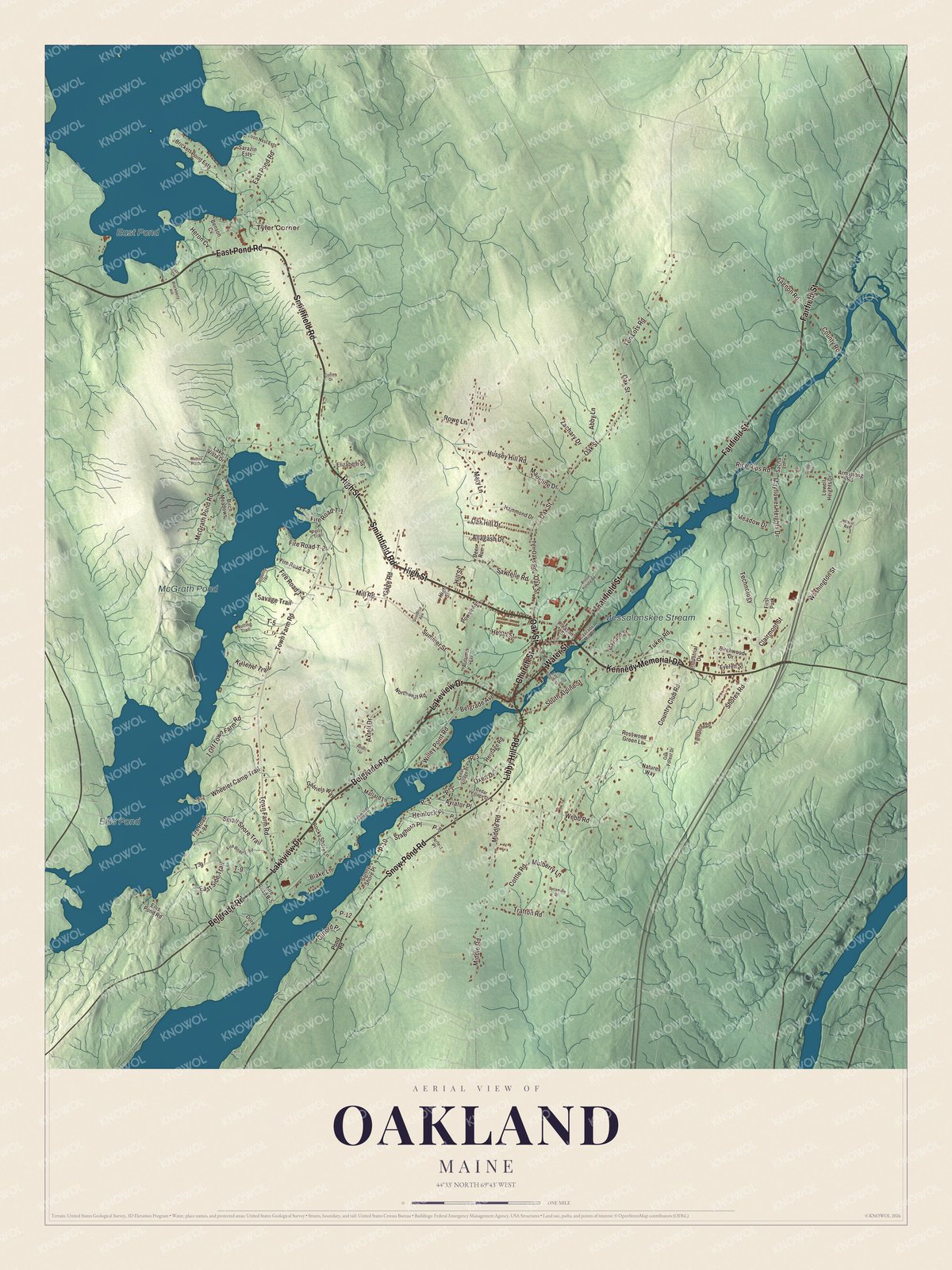 Protected watermarked complete map of Oakland, Maine