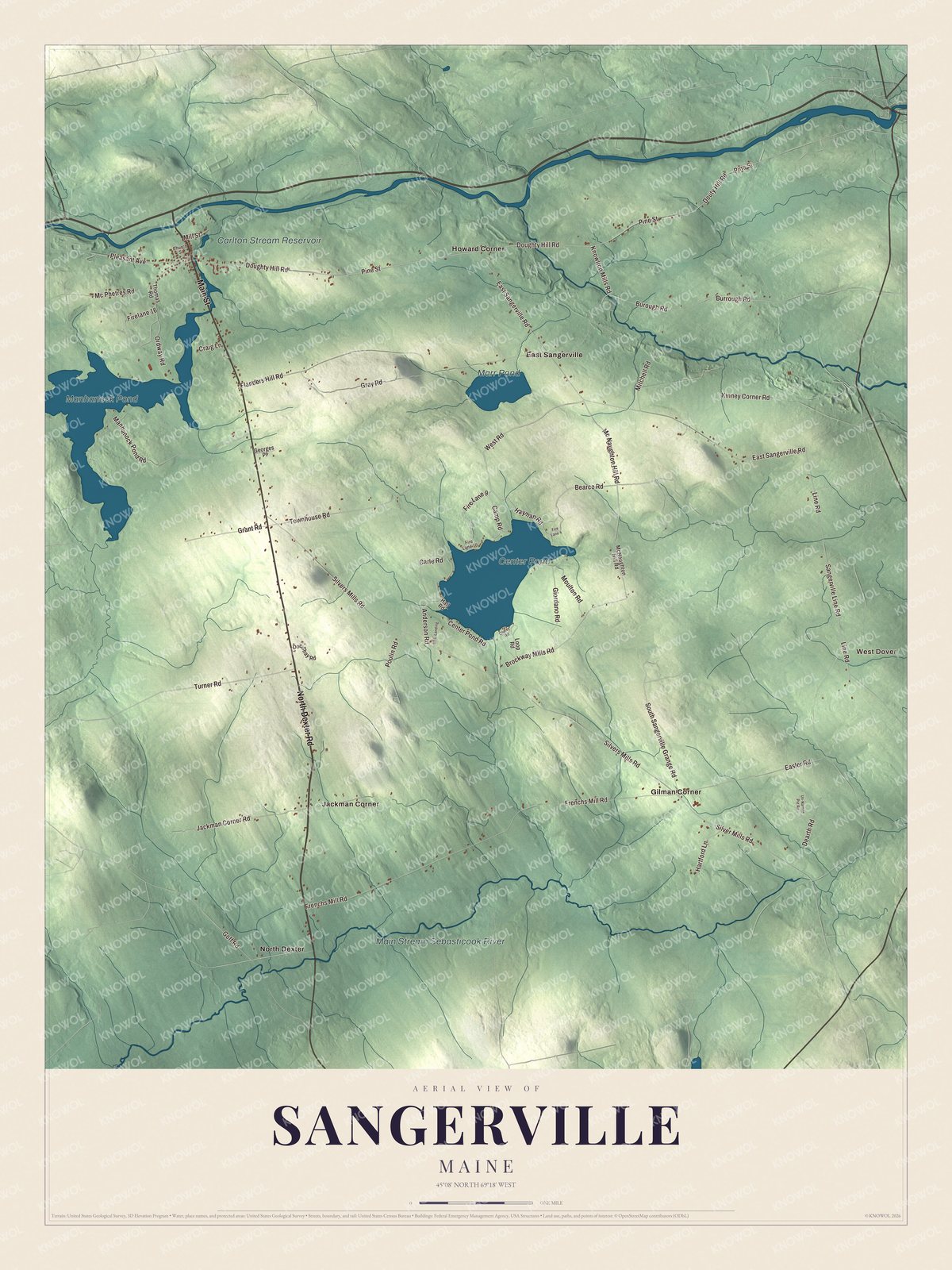 Protected watermarked complete map of Sangerville, Maine