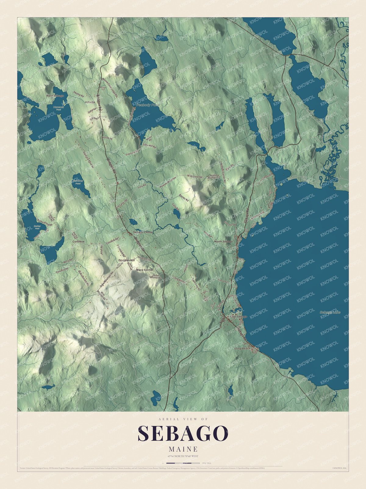 Protected watermarked complete map of Sebago, Maine