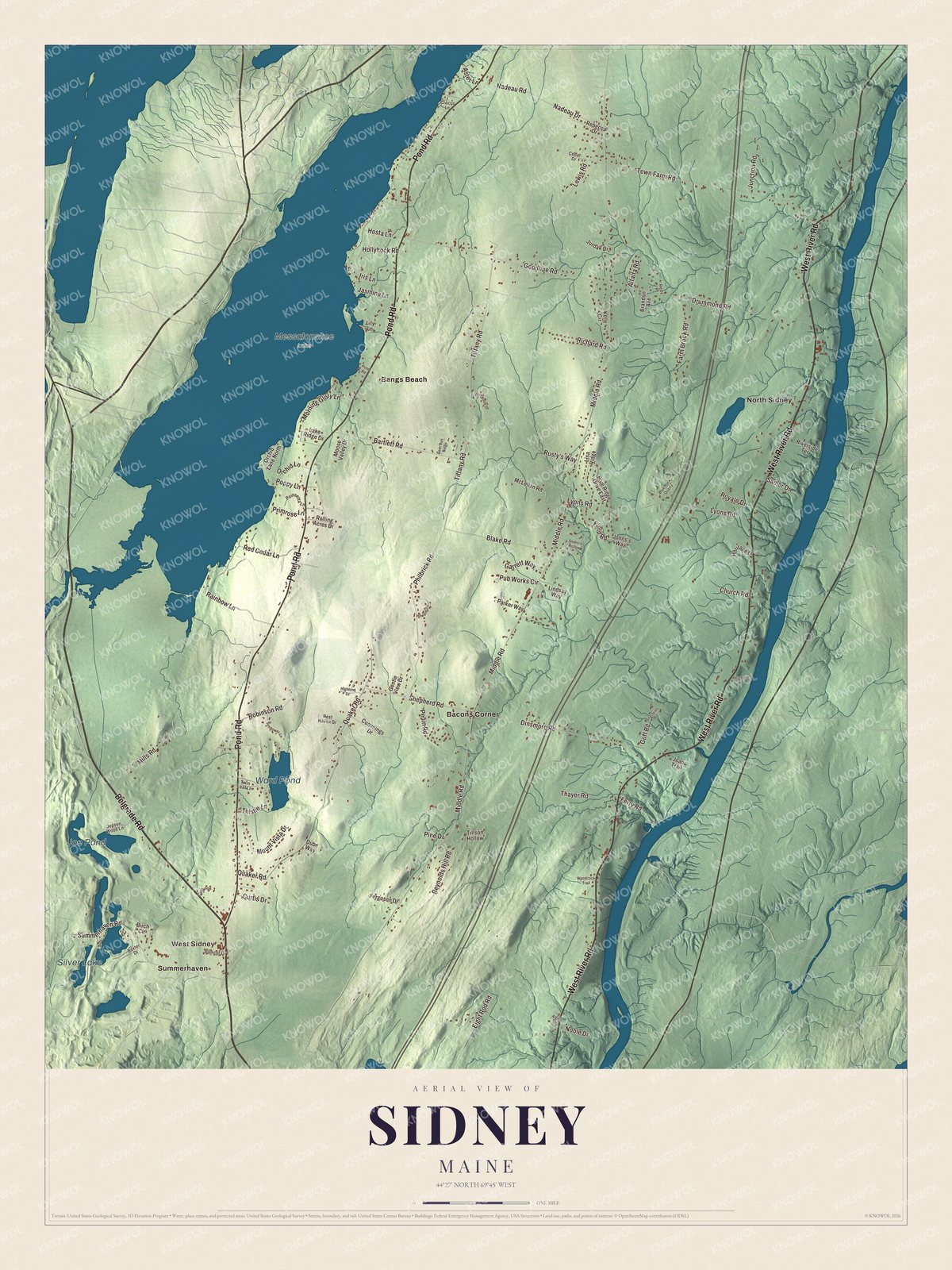 Protected watermarked complete map of Sidney, Maine