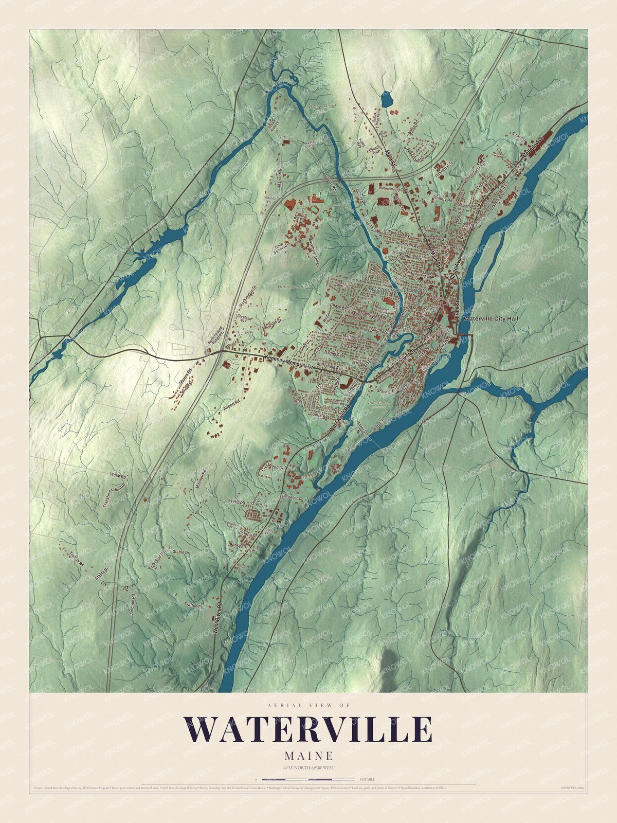Protected watermarked complete map of Waterville, Maine