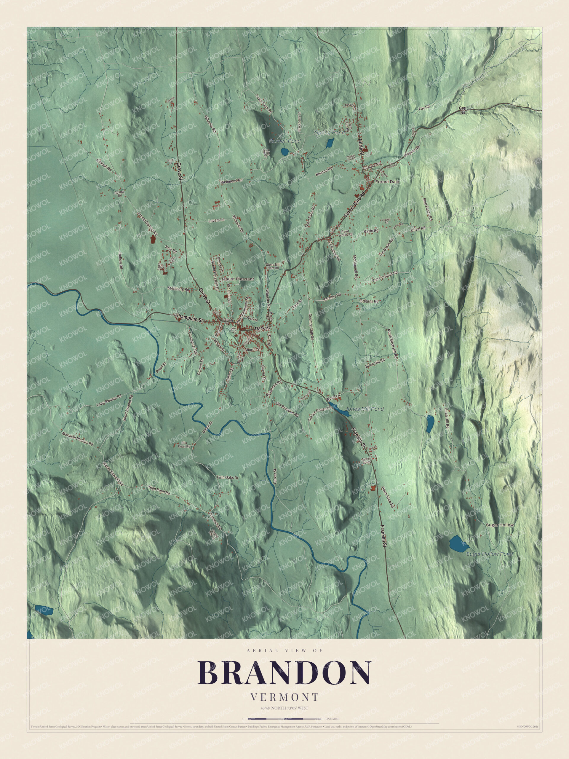 Protected watermarked complete map of Brandon, Vermont