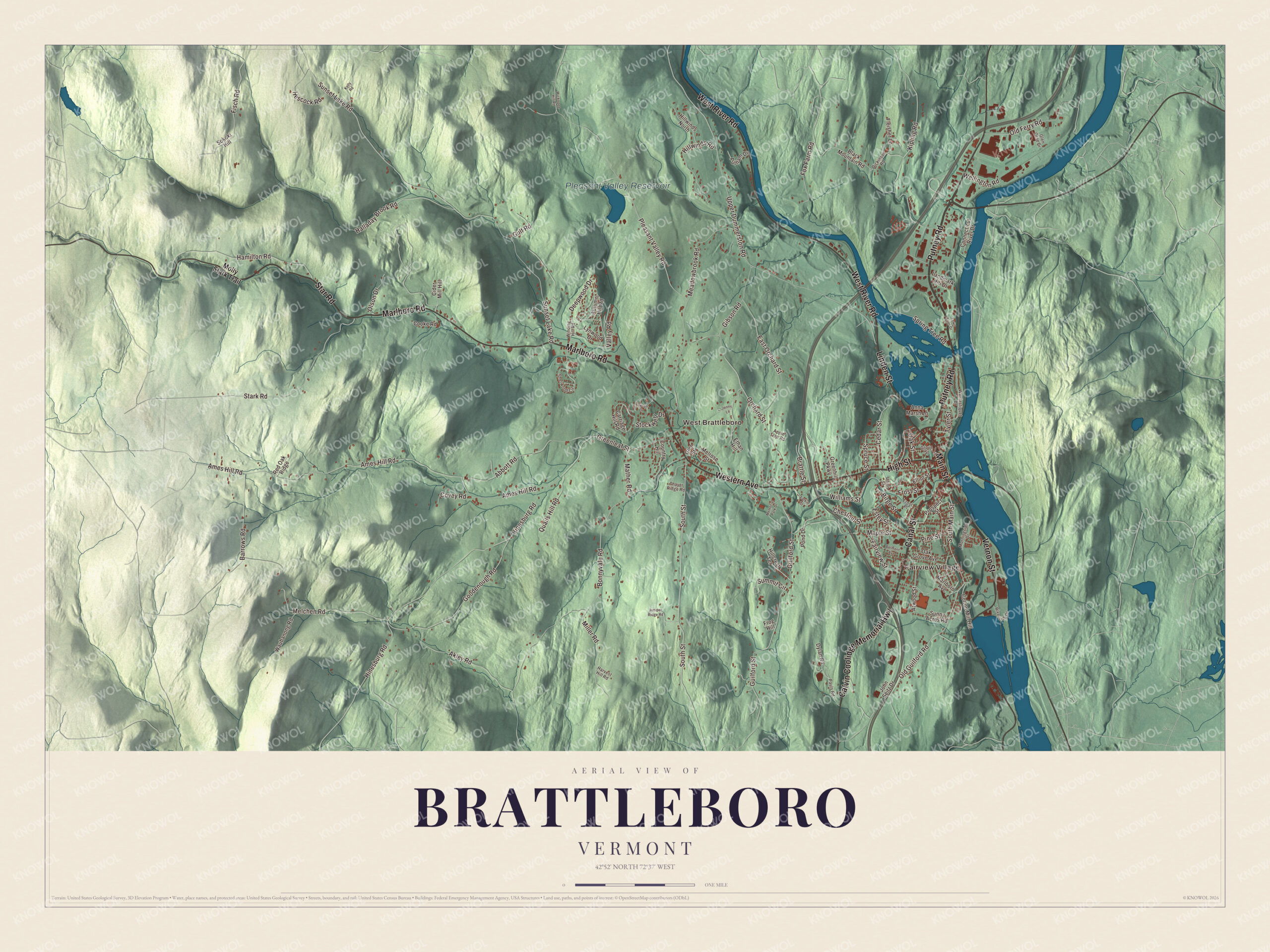 Protected watermarked complete map of Brattleboro, Vermont