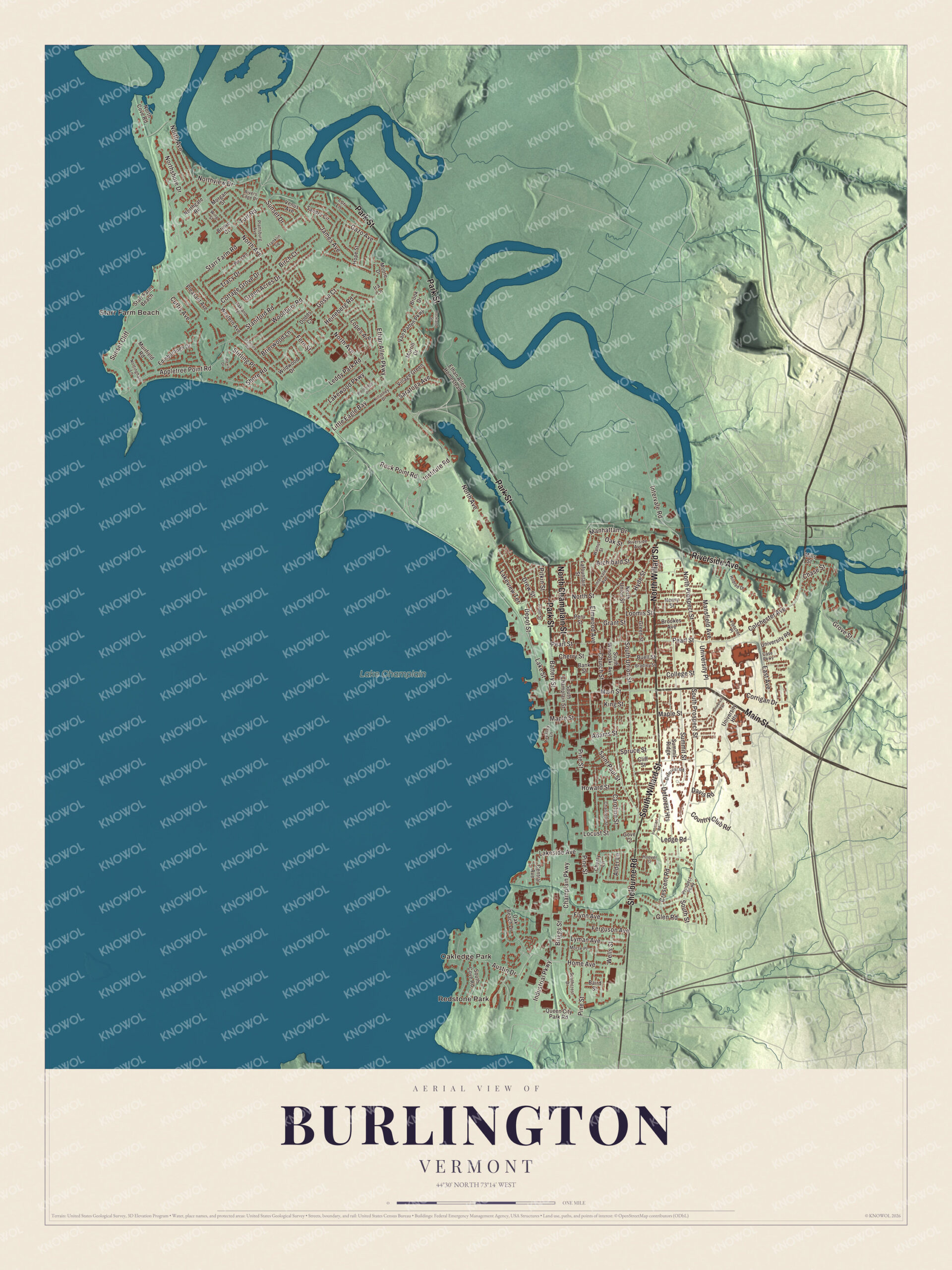 Protected watermarked complete map of Burlington, Vermont