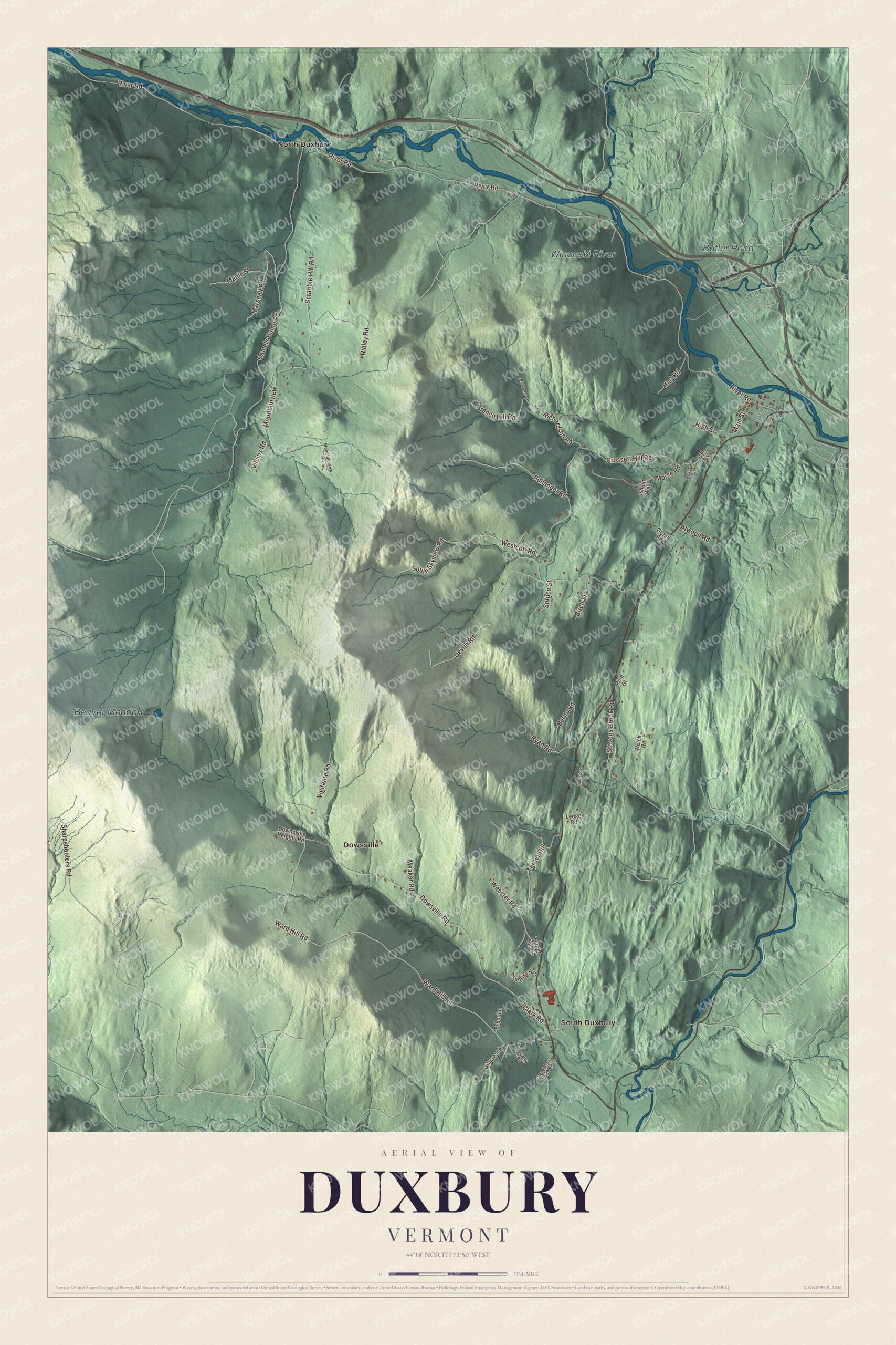 Protected watermarked complete map of Duxbury, Vermont
