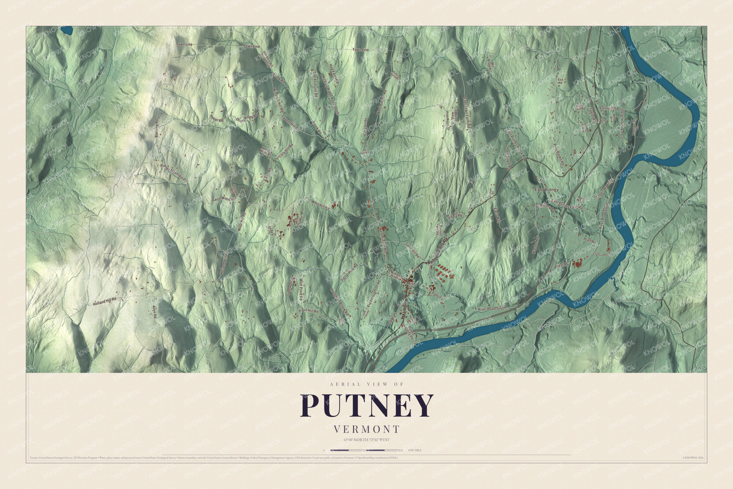 Protected watermarked complete map of Putney, Vermont
