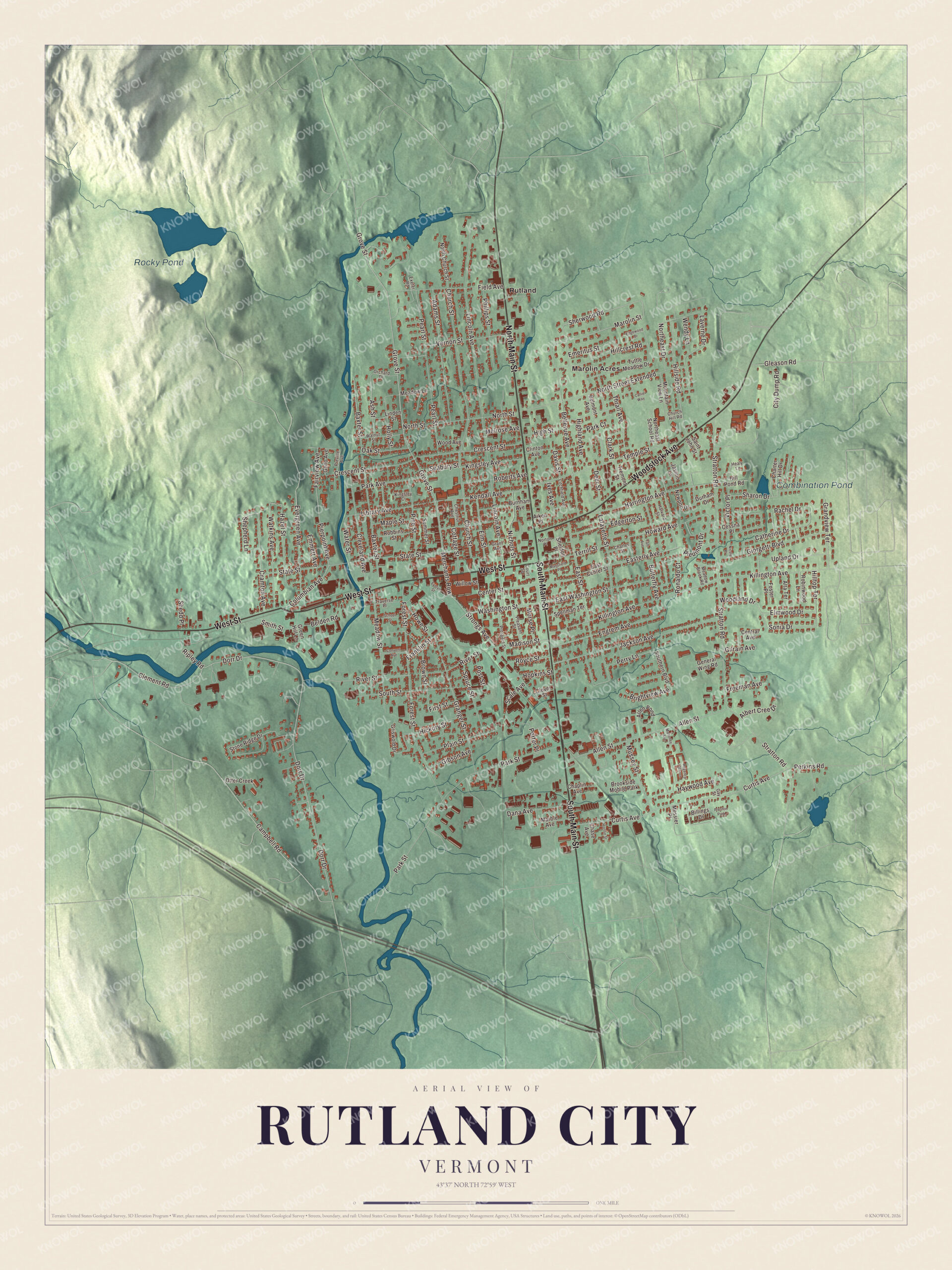 Protected watermarked complete map of Rutland City, Vermont