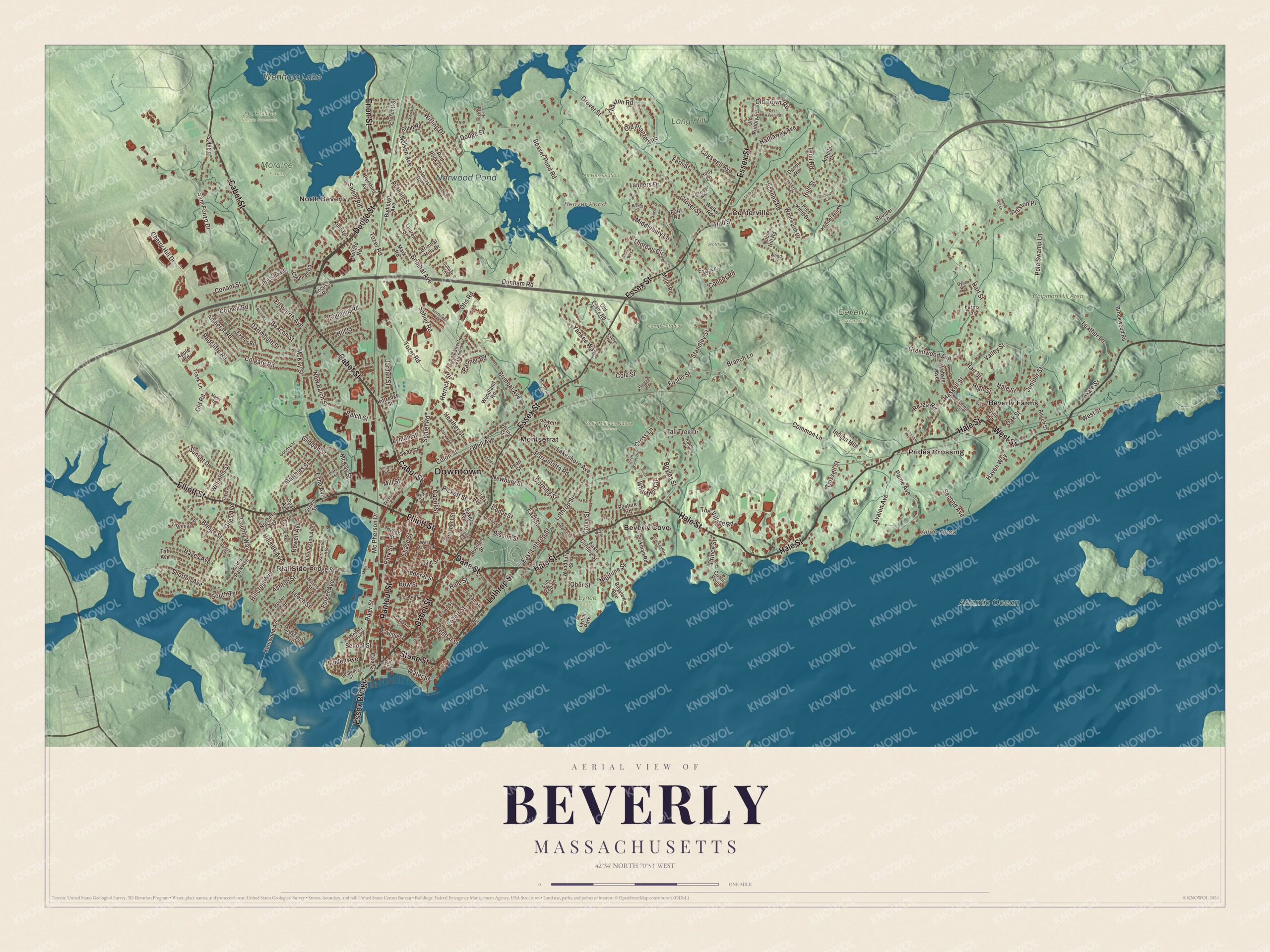 Watermarked full preview of the Beverly, Massachusetts aerial-view map