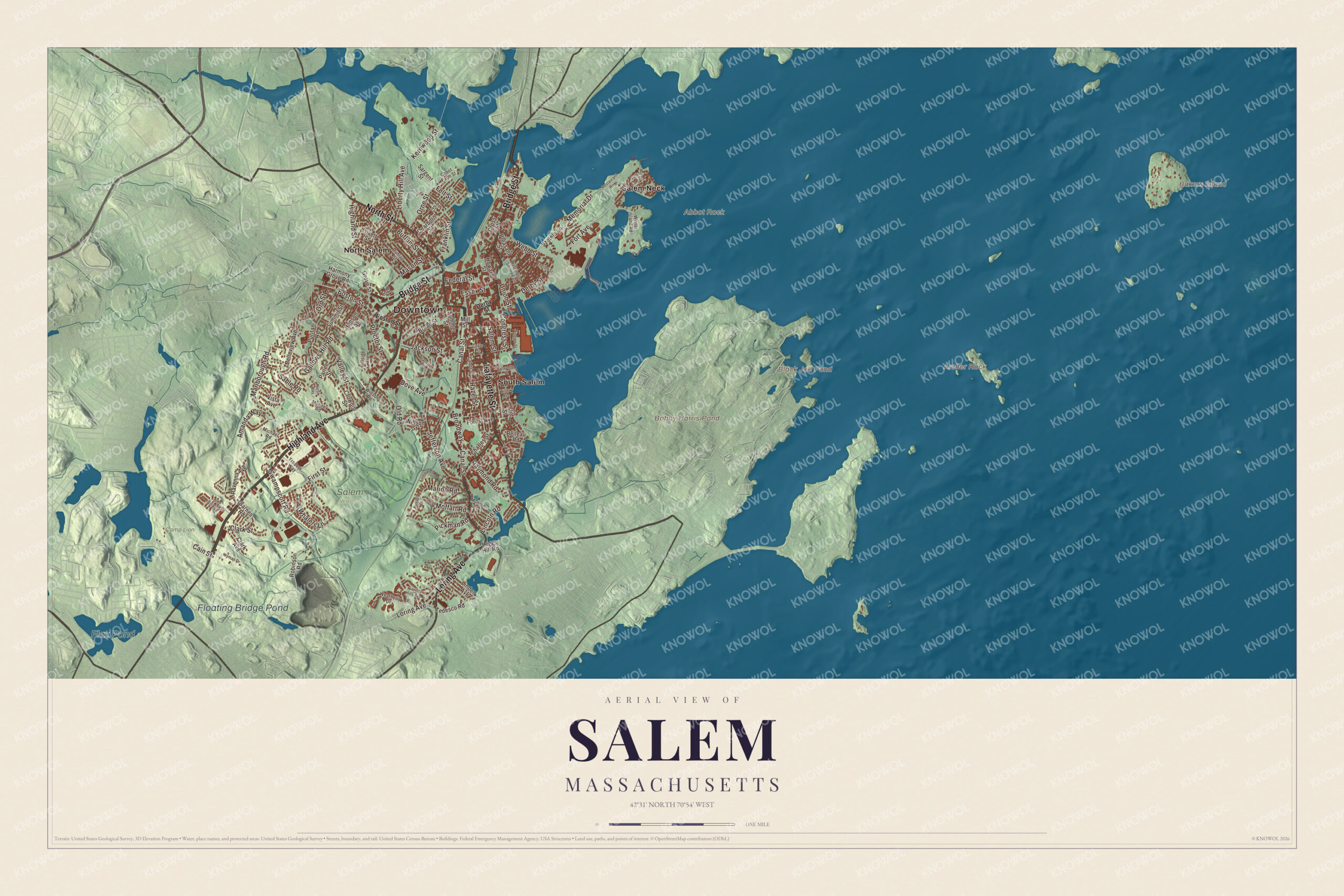 Watermarked full preview of the Salem, Massachusetts aerial-view map