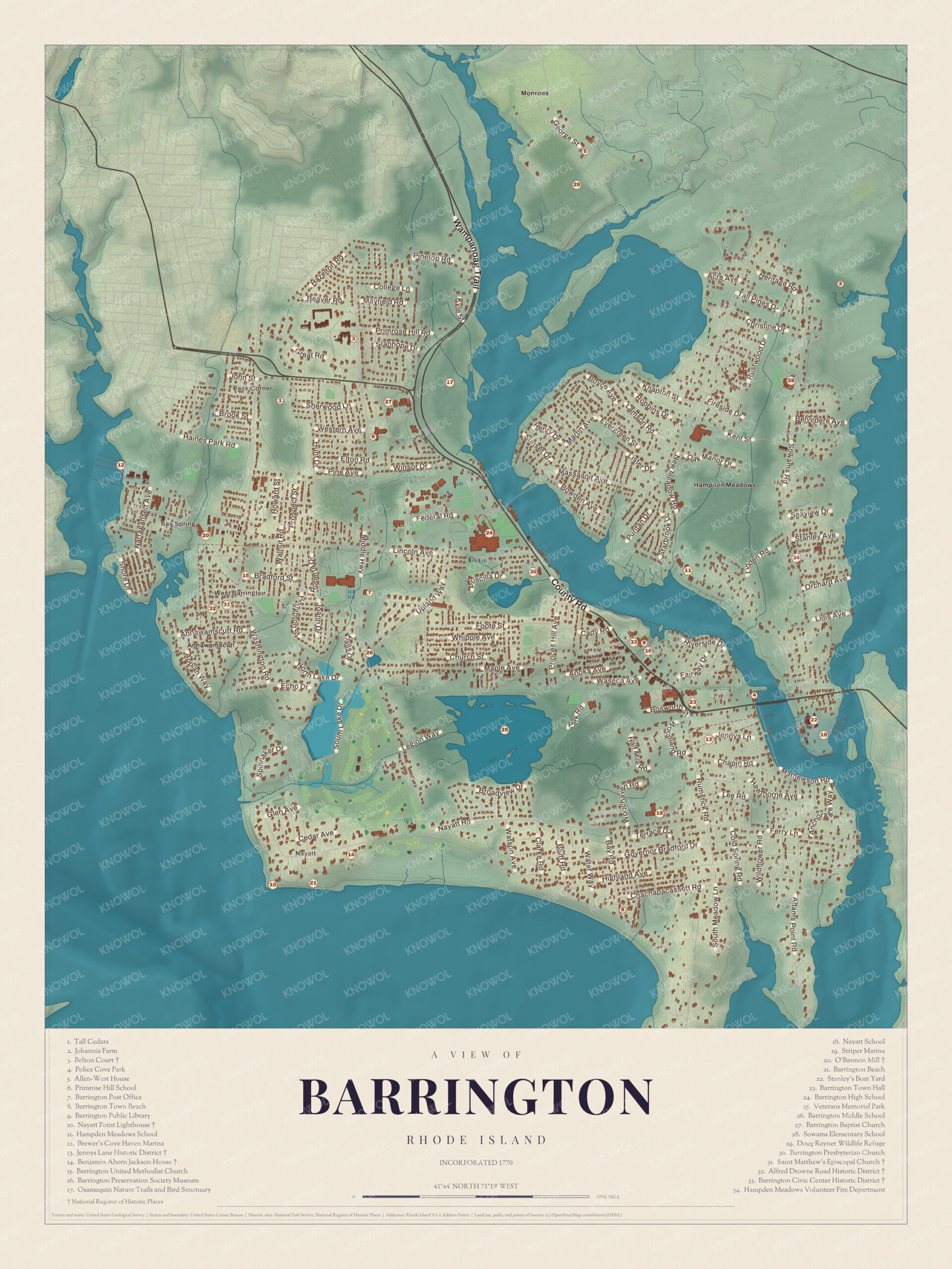 Map of Barrington, Rhode Island