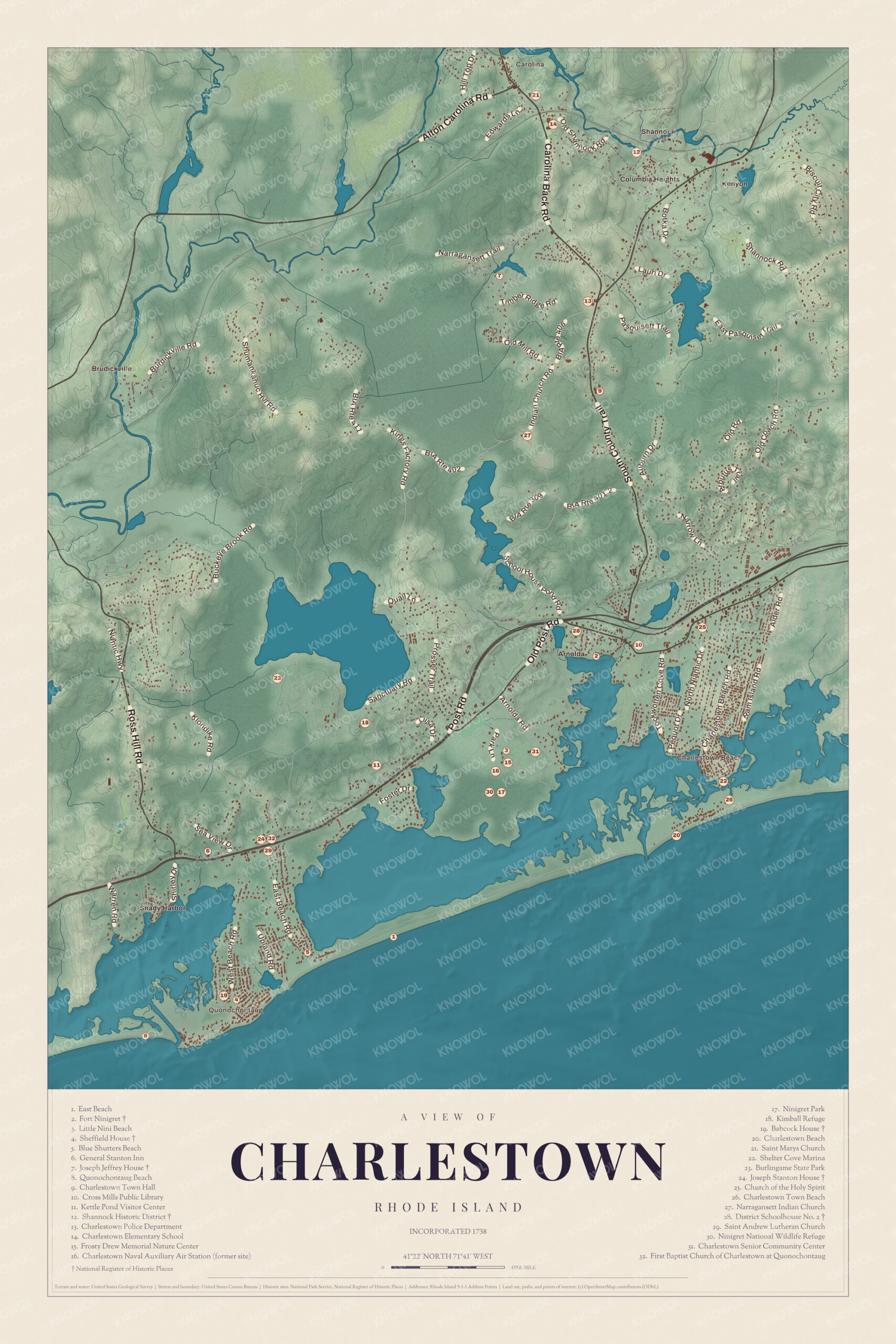Map of Charlestown, Rhode Island