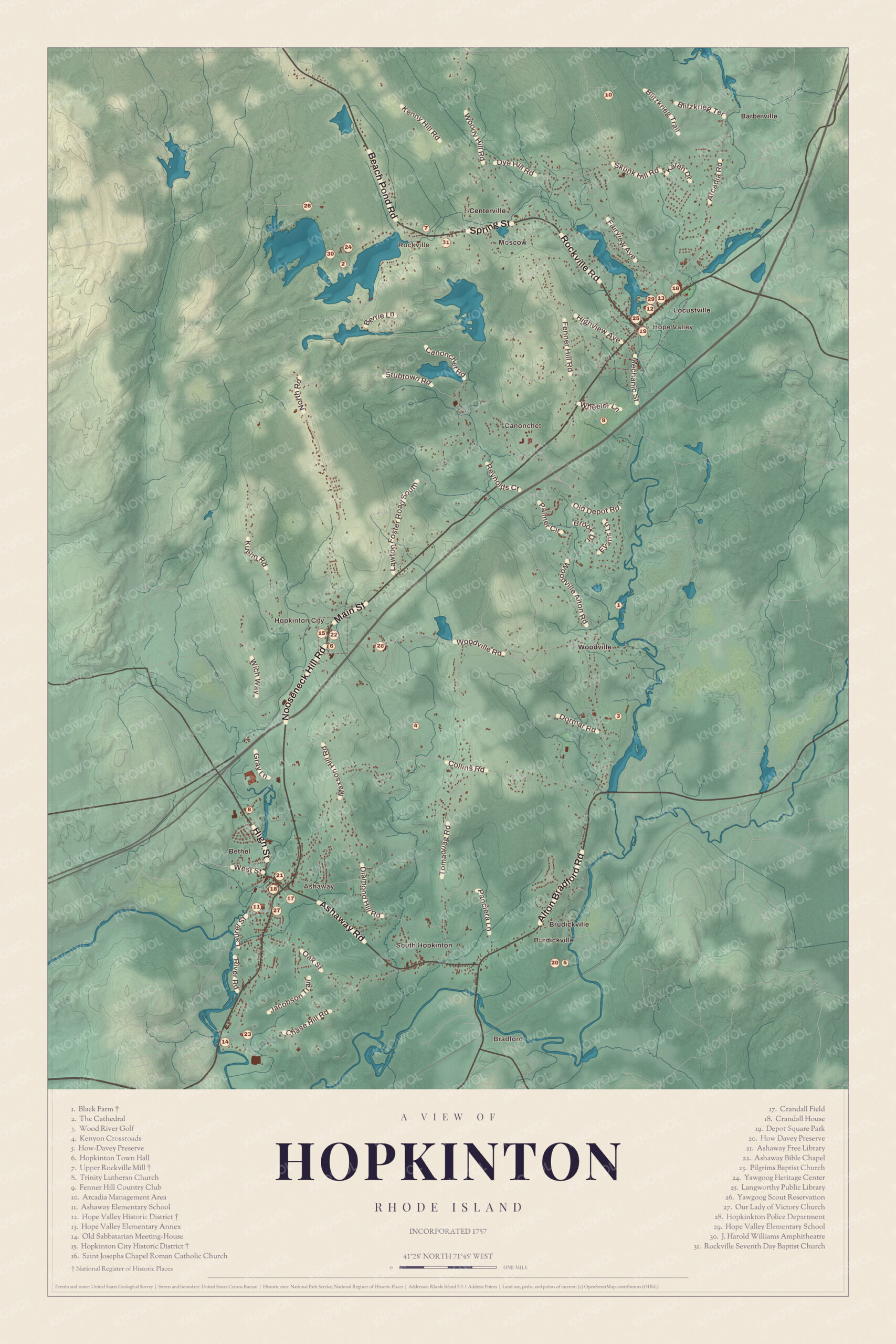 Map of Hopkinton, Rhode Island