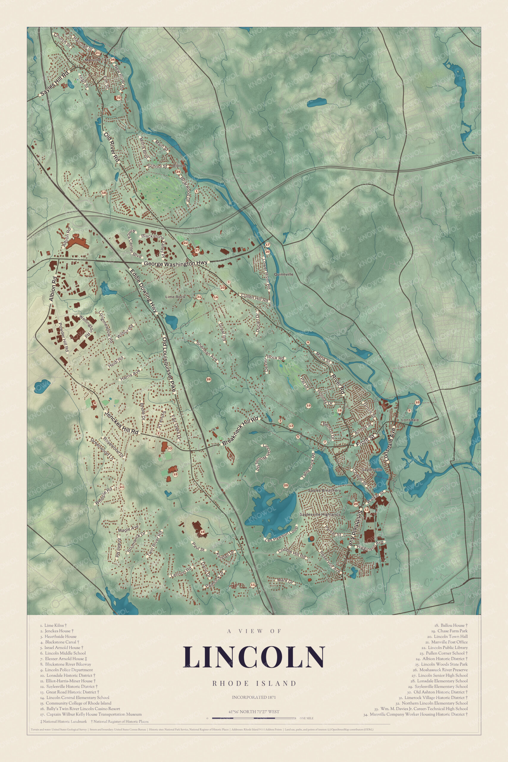 Map of Lincoln, Rhode Island