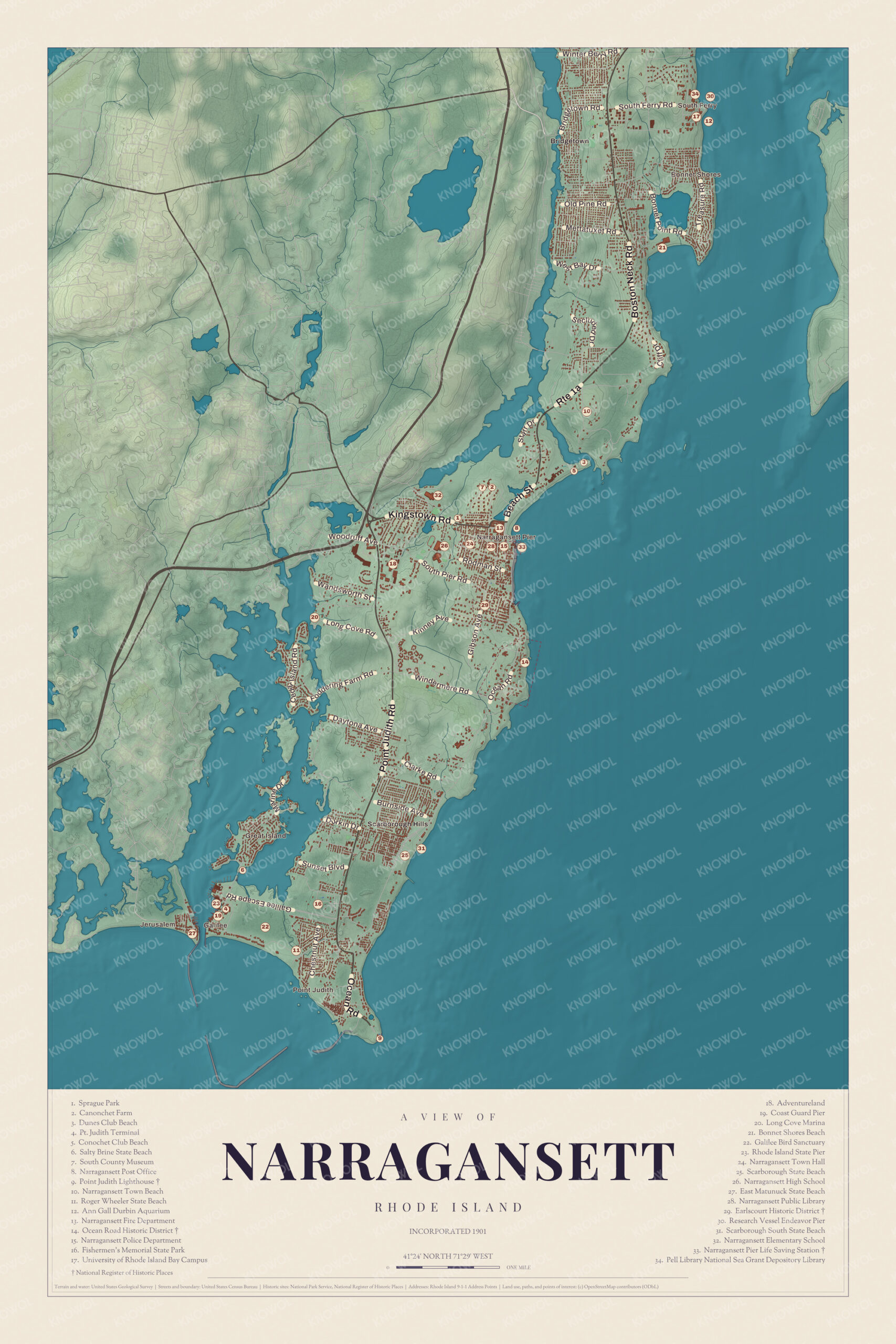 Map of Narragansett, Rhode Island
